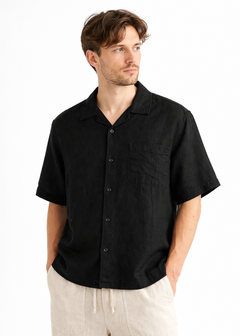 Linen Bowling Short Sleeve Shirt - Deep Black - Merz b. Schwanen Canada - Danali