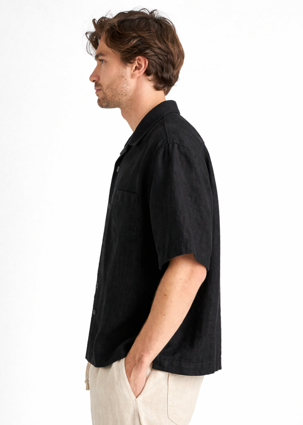 Linen Bowling Short Sleeve Shirt - Deep Black - Merz b. Schwanen Canada - Danali
