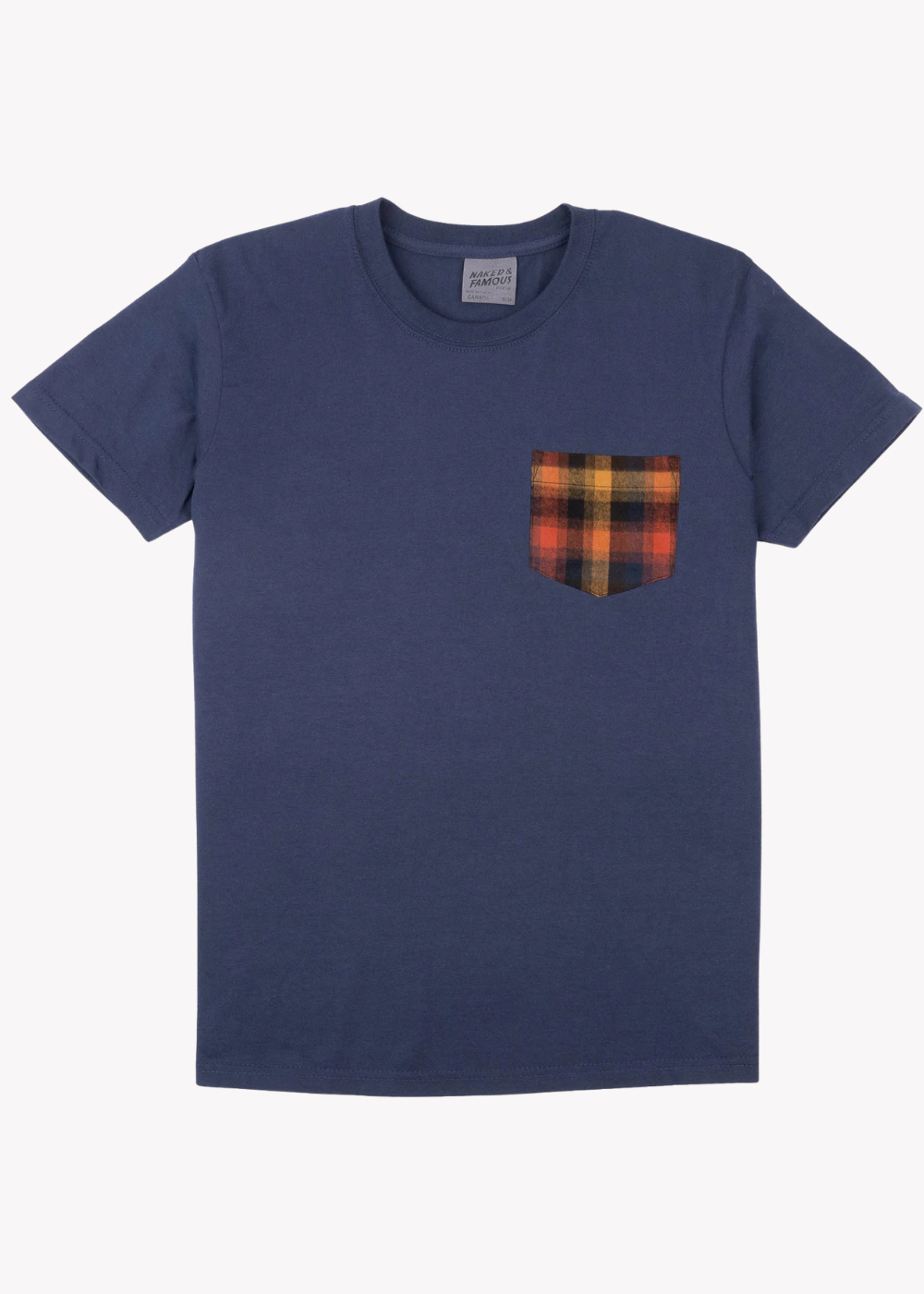 A navy blue short-sleeve crewneck t-shirt with a small plaid chest pocket in orange, yellow, and black, shown against a plain white background.