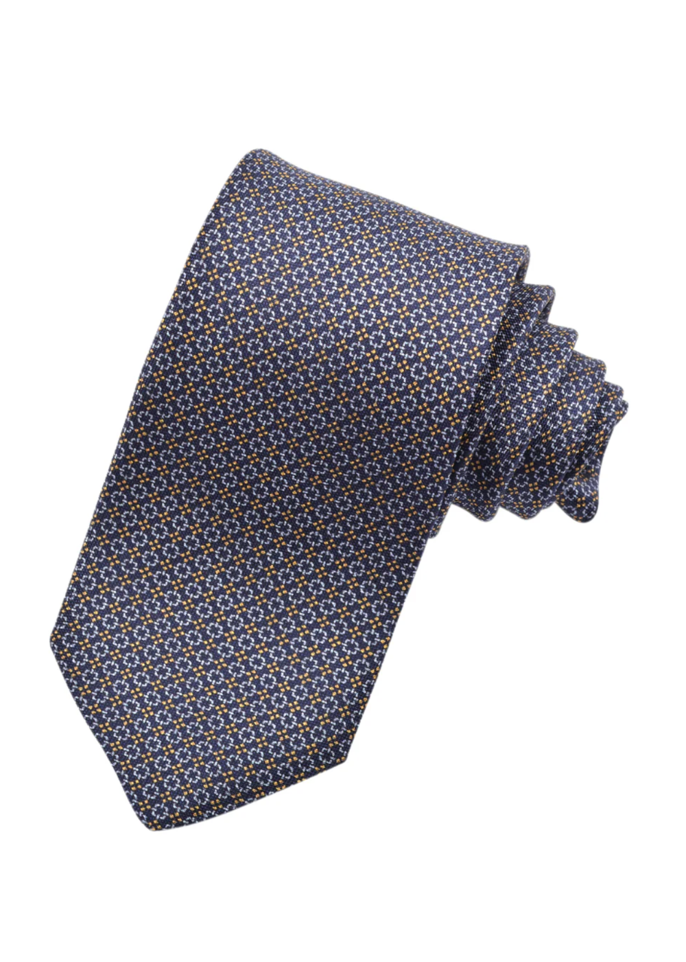 Blue patterned tie on a white background