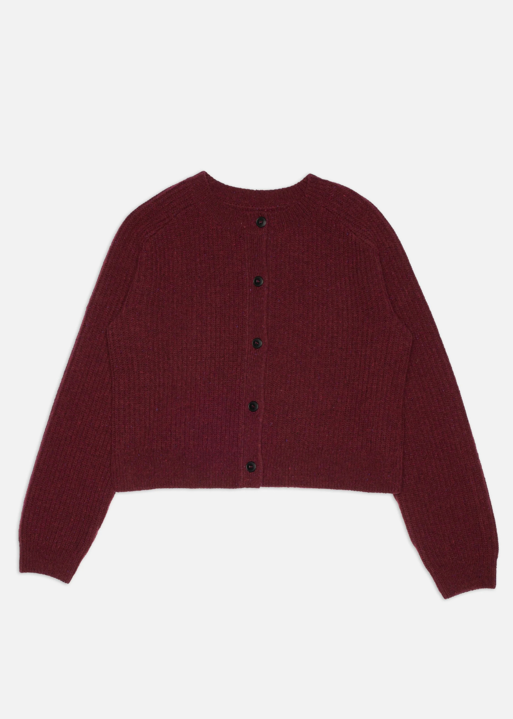 A cropped ribbed knit cardigan sweater in deep burgundy, featuring long sleeves and a front button closure, displayed against a light gray background.