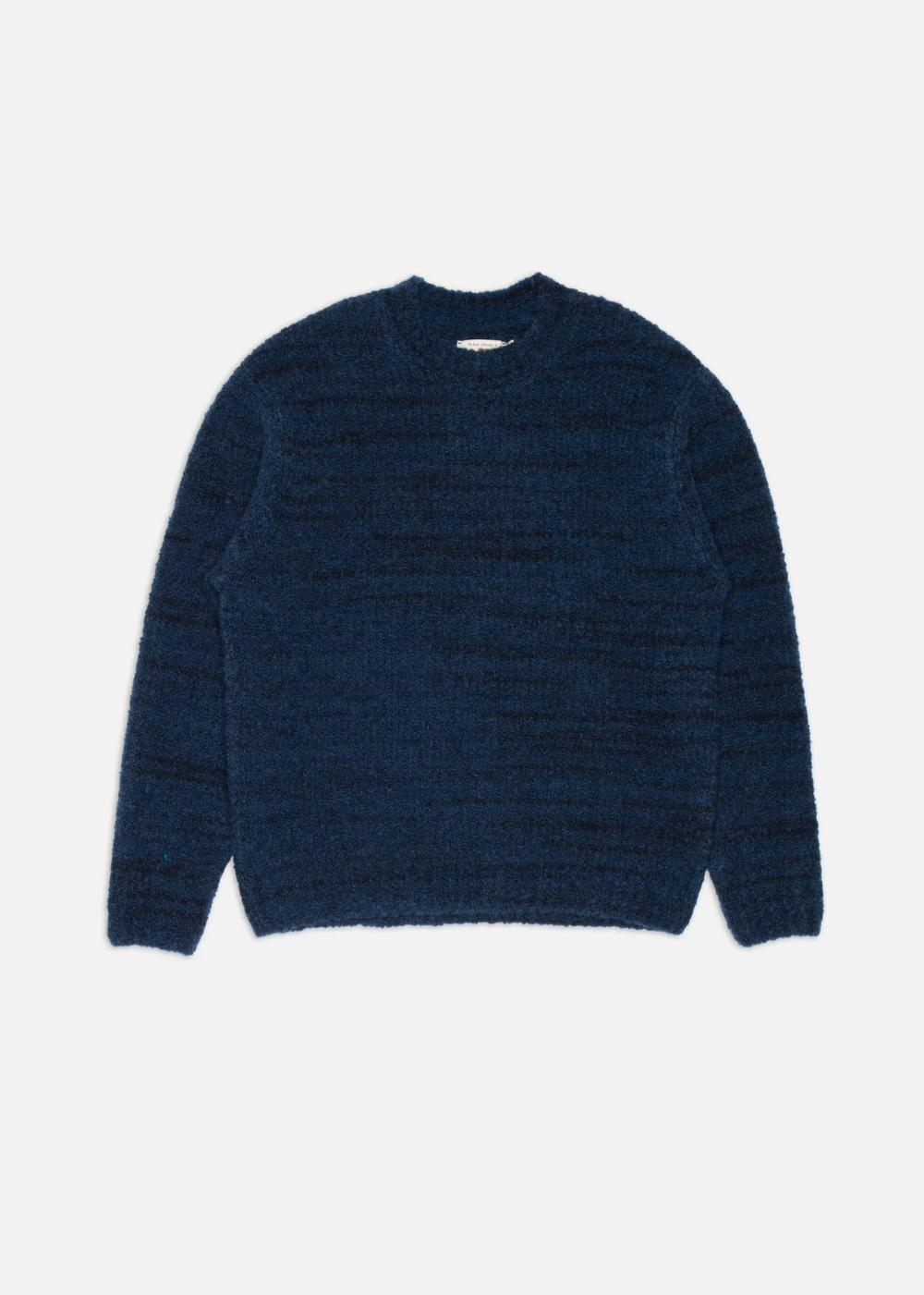 A dark navy blue textured knit sweater with a crew neck and long sleeves, displayed flat against a light gray background.