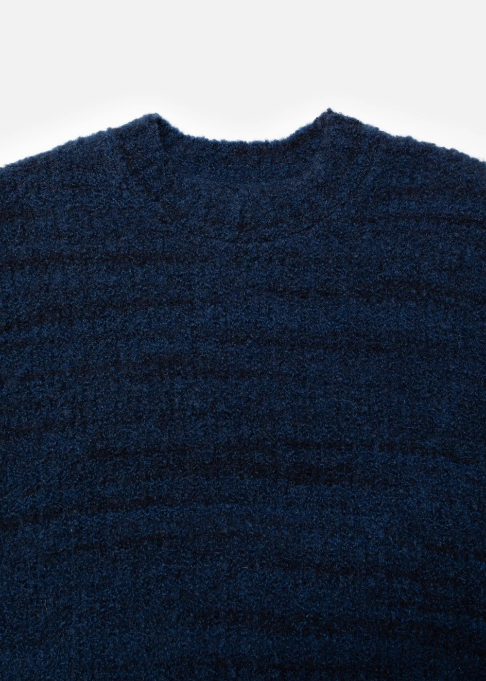 Close-up of a dark navy blue textured knit sweater showing the ribbed collar and fuzzy fabric texture against a plain white background.