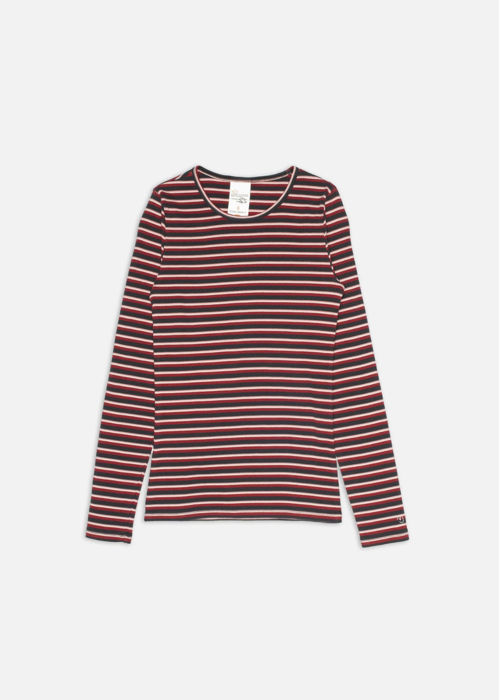 A long-sleeve crewneck top with horizontal stripes in dark red, navy, and white, displayed flat against a light gray background.