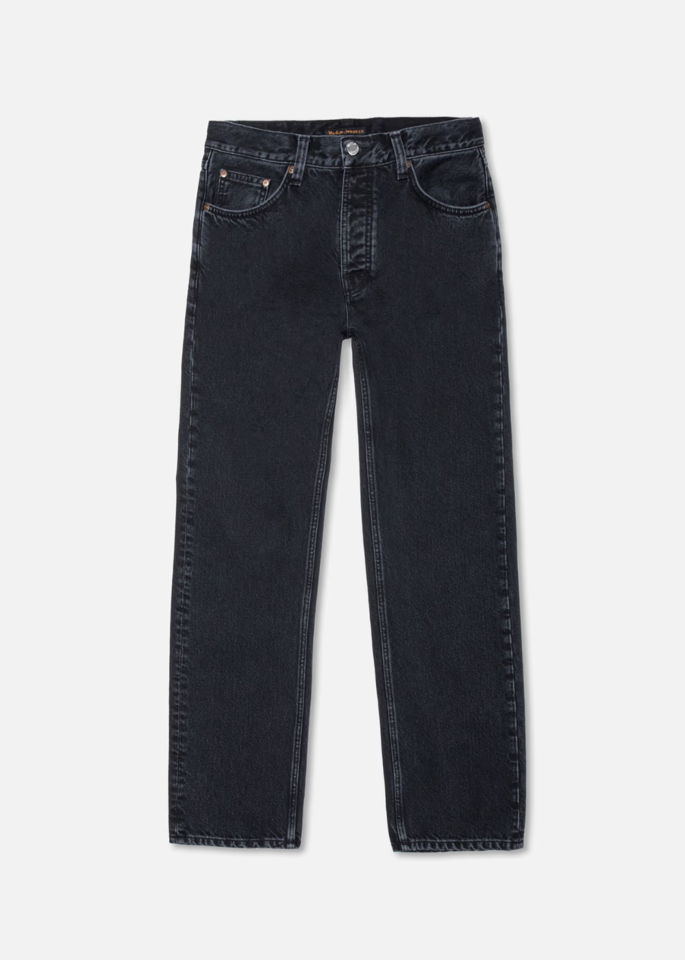 Dark wash blue denim jeans shown flat against a light gray background.