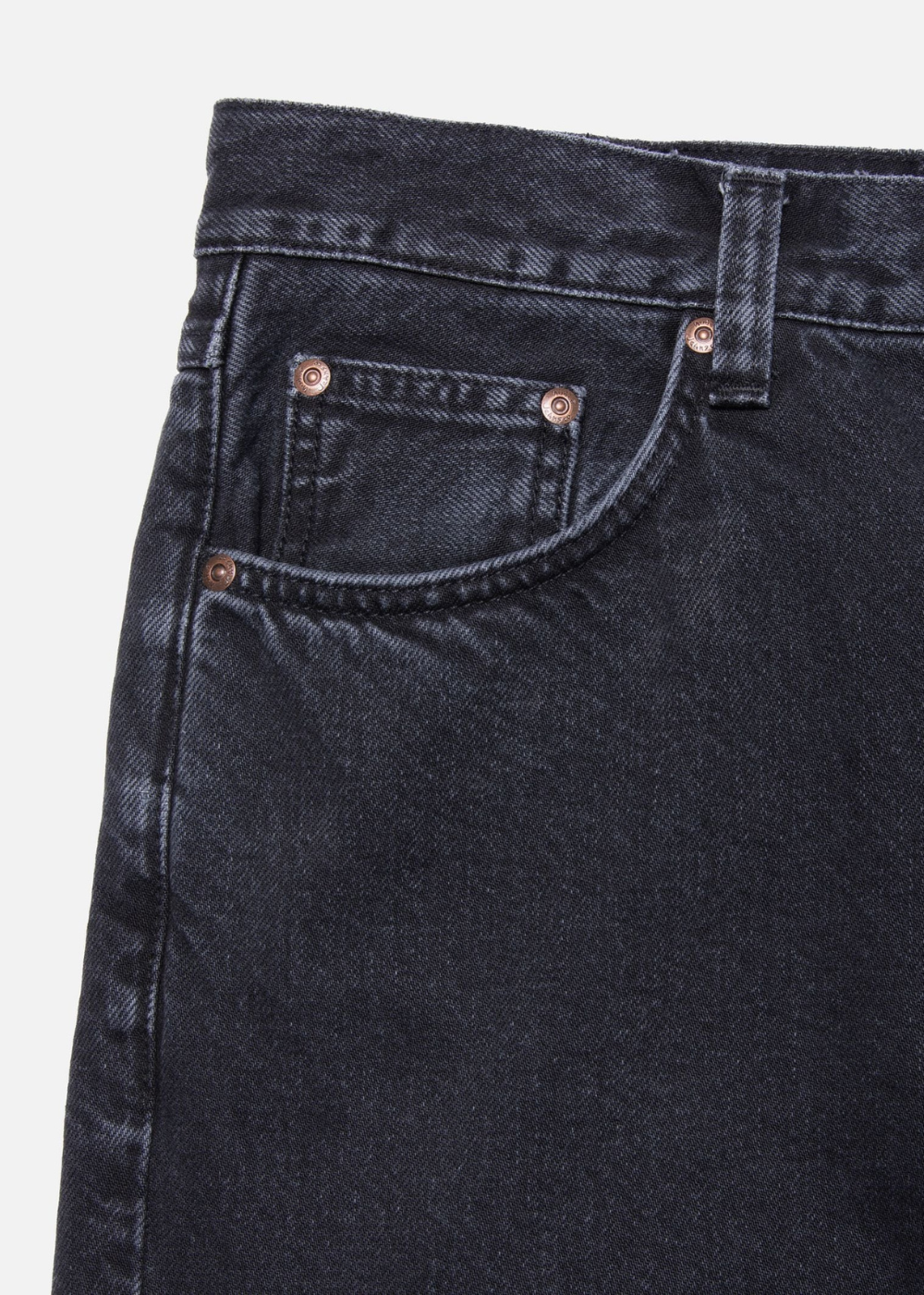 Close-up of a pair of dark washed denim jeans showing the back pocket, button details, and belt loops against a light gray background.
