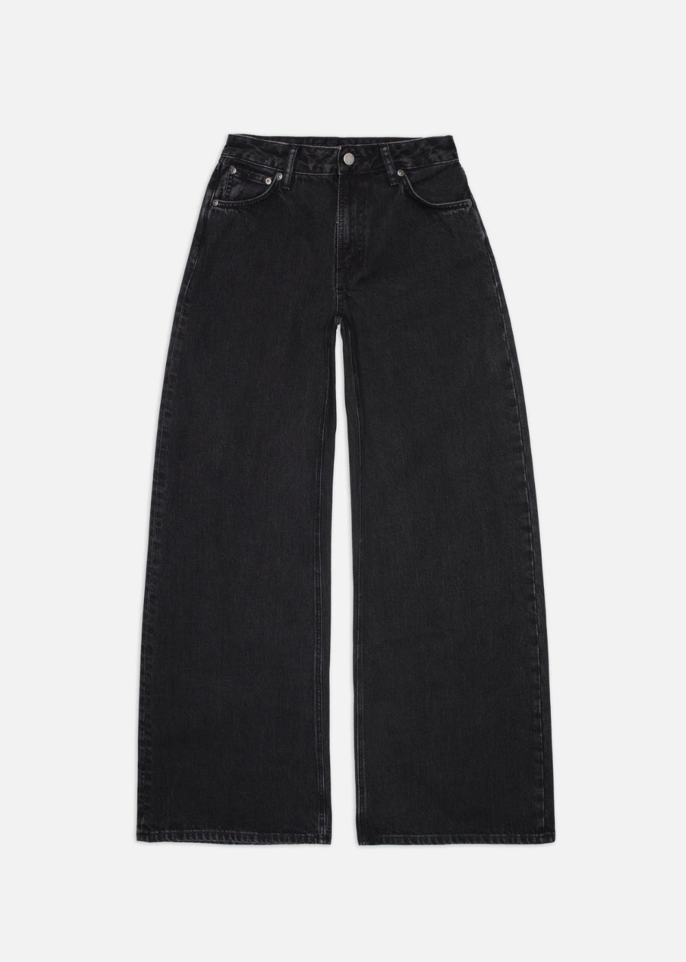 Black wide-leg denim jeans shown flat against a light gray background.