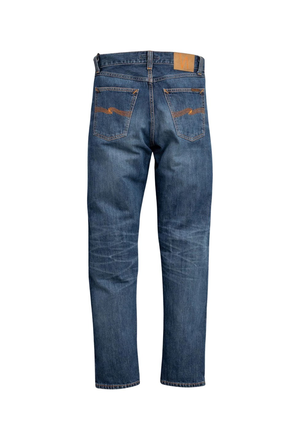 Back view of a pair of medium-wash blue denim jeans with orange embroidered details on the back pockets, shown on a plain white background.