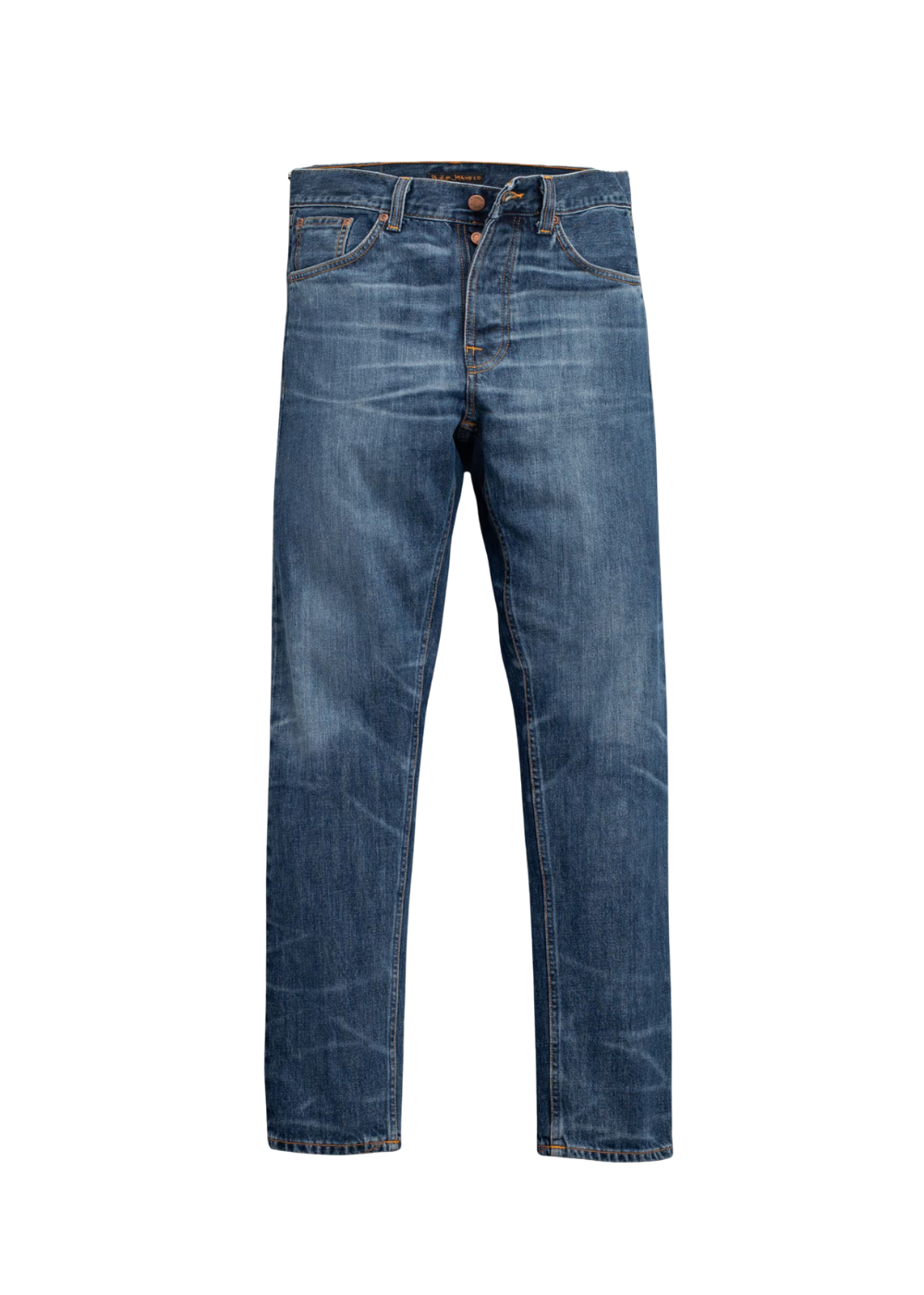 A pair of medium wash blue denim jeans with whiskering and subtle fading, shown flat against a solid white background.