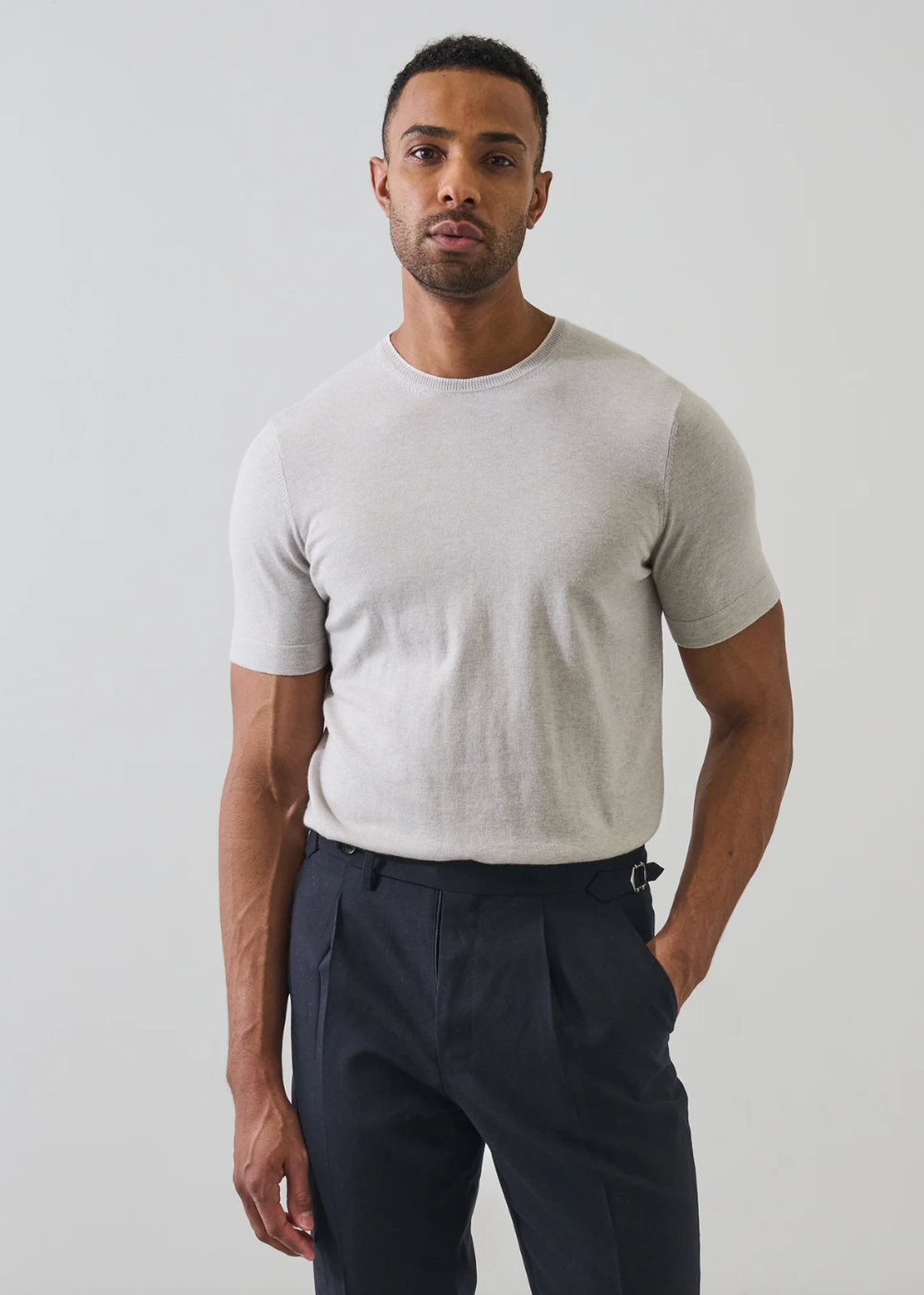 Cotton Cashmere Tipped Jersey Knit SS Crew - Feather - Patrick Assaraf Canada - P154C10B