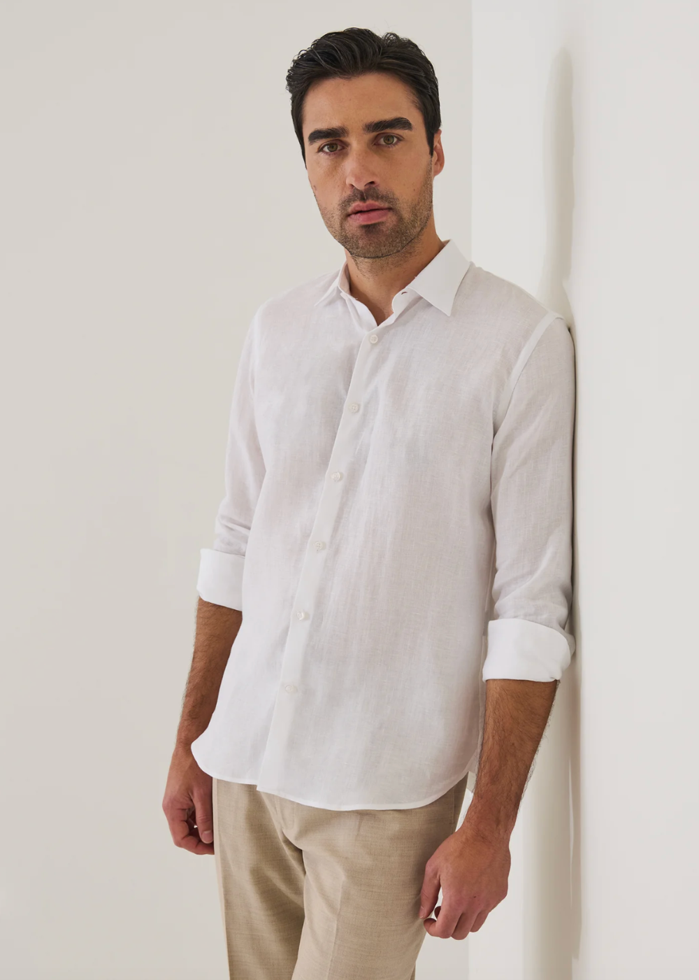 Linen Chambray Point Collar Sport Shirt - White - Patrick Assaraf Canada - Danali - P4313W21B