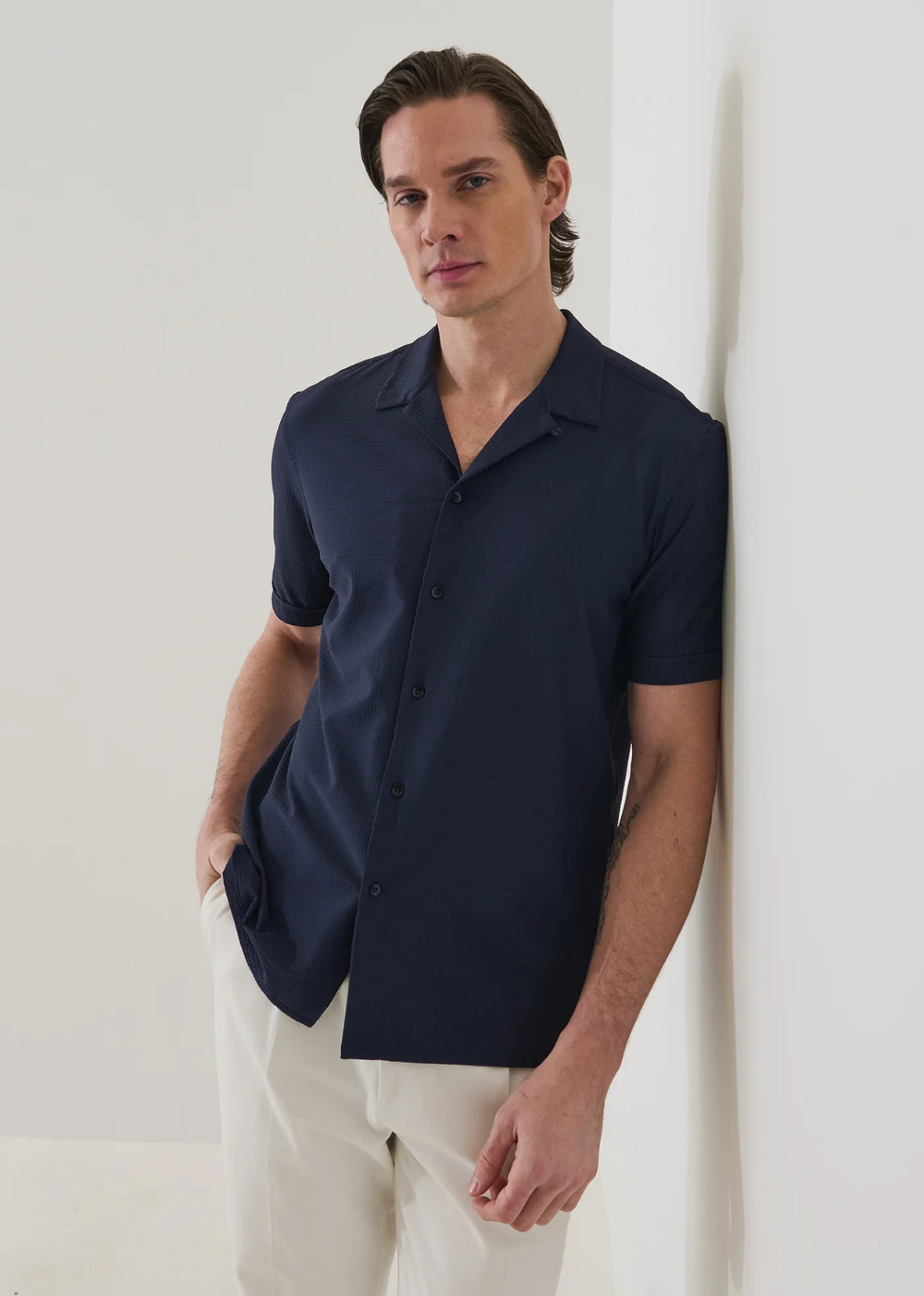 Seersucker Cotton Stretch Camp Collar Shirt - Navy - Patrick Assaraf Canada - Danali - P4703W23B