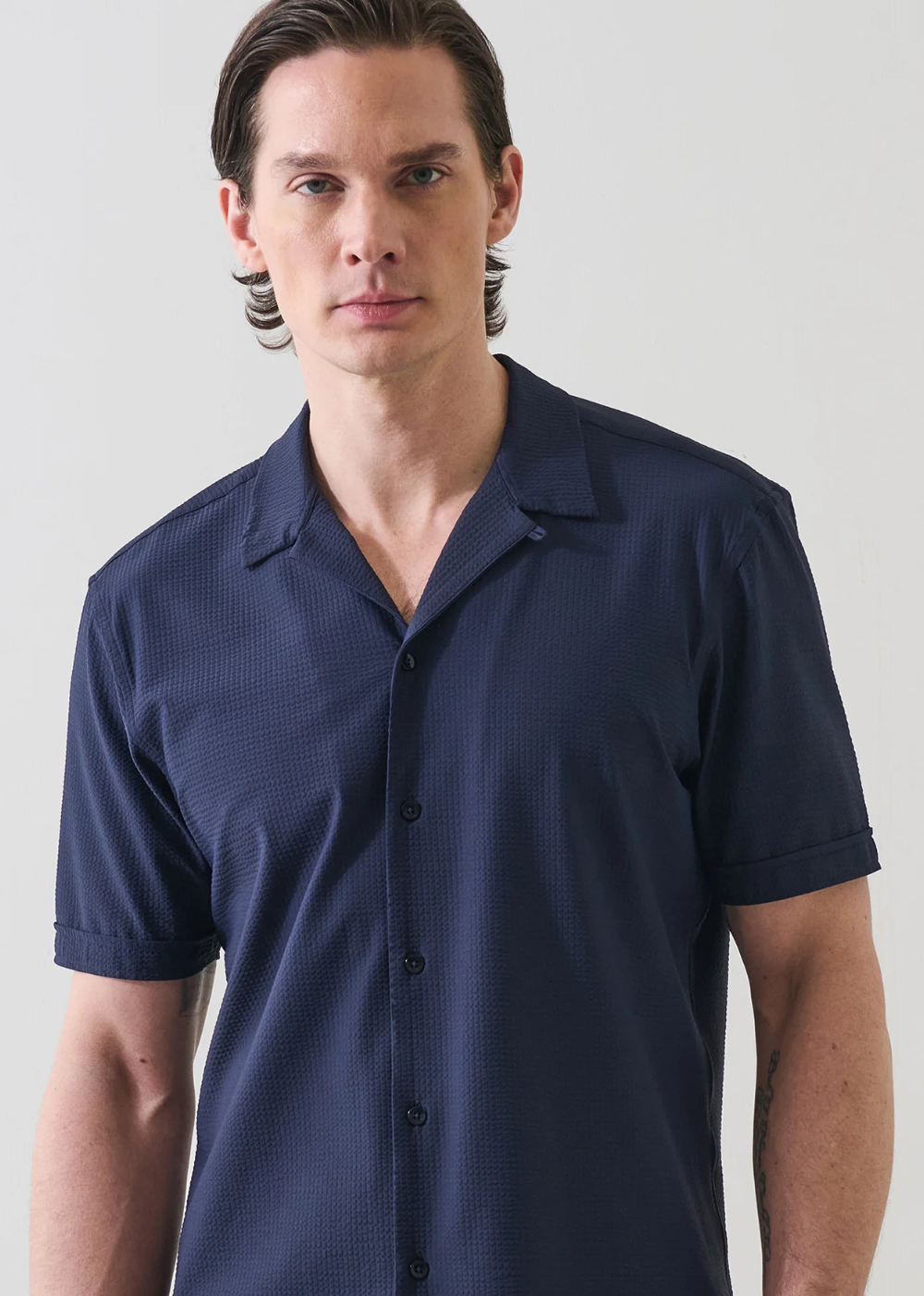 Seersucker Cotton Stretch Camp Collar Shirt - Navy - Patrick Assaraf Canada - Danali - P4703W23B