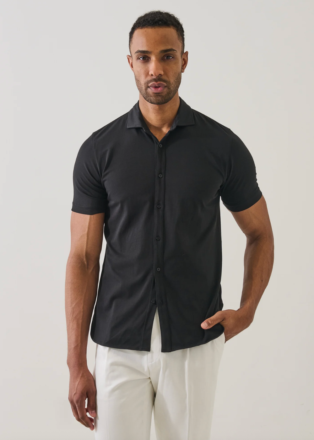 Iconic Pima Cotton Stretch Button Front Shirt - Black - Patrick Assaraf Canada - Danali - P95D10