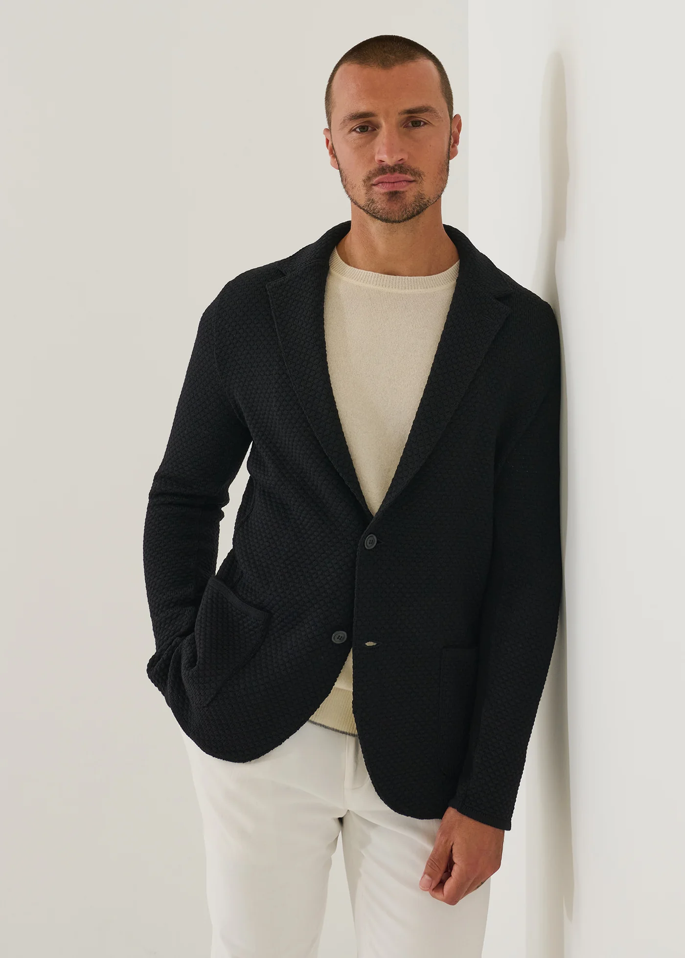 Bubble Stitch Merino Wool Knit Blazer - Black - Patrick Assaraf Canada - Danali