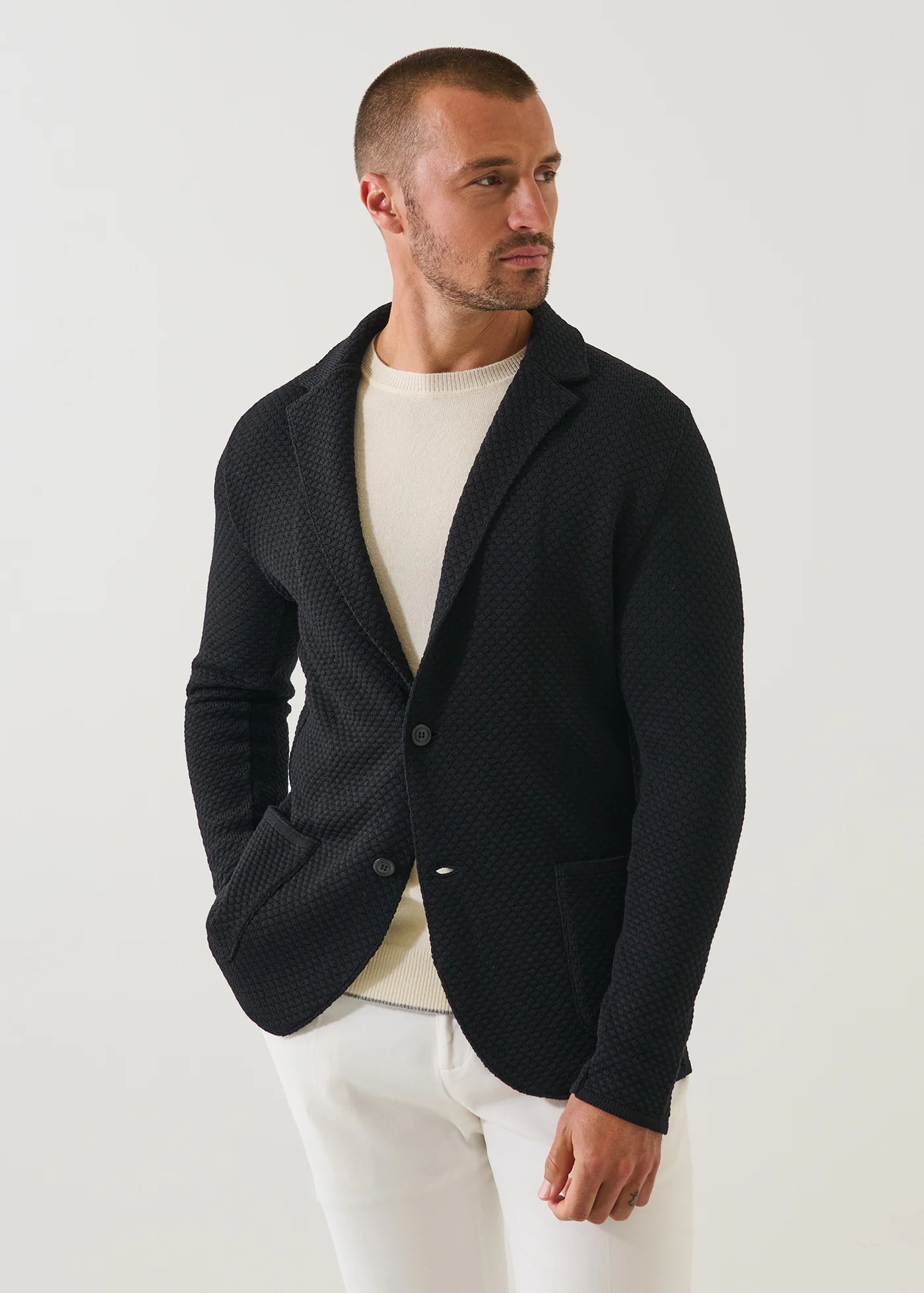 Bubble Stitch Merino Wool Knit Blazer - Black - Patrick Assaraf Canada - Danali