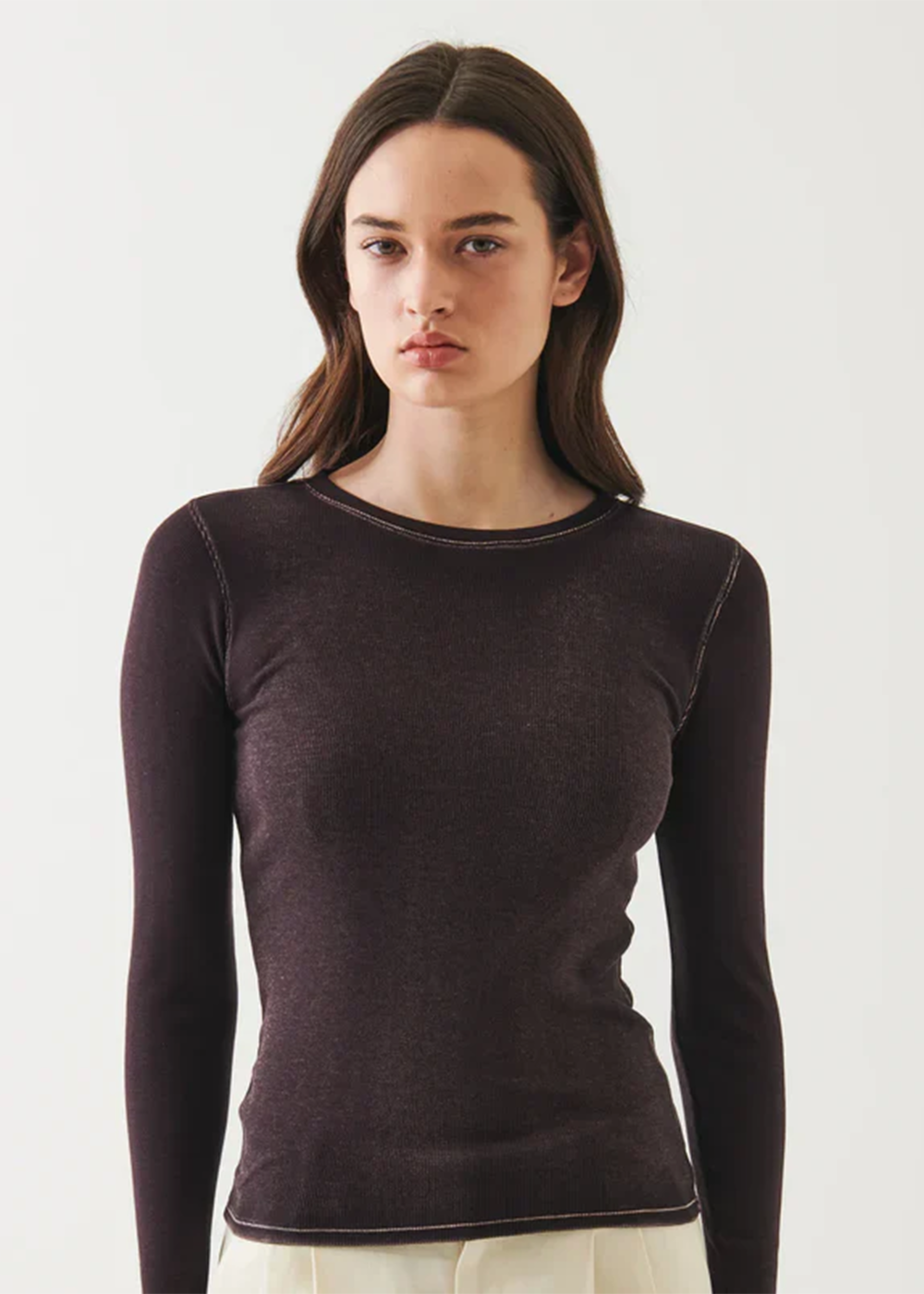 Cotton/Modal Vintage Rib Long Sleeve T-Shirt - Bordeaux - Patrick Assaraf Canada - Danali