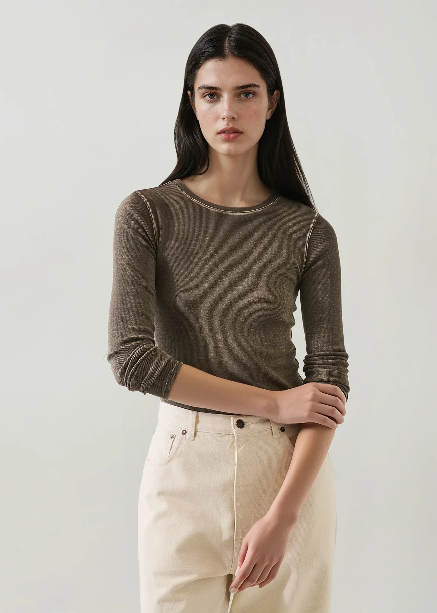 Cotton/Modal Vintage Rib Long Sleeve T-Shirt - Chestnut - Patrick Assaraf Canada - Danali