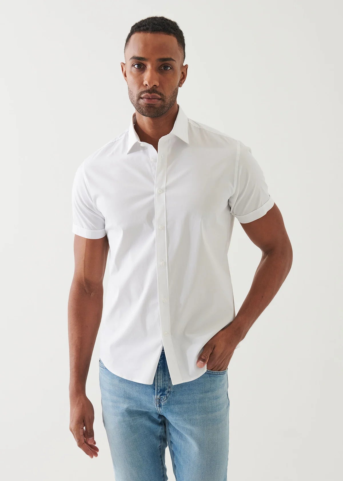 Cotton Stretch Short Sleeve Shirt - White - Patrick Assaraf Canada - Danali