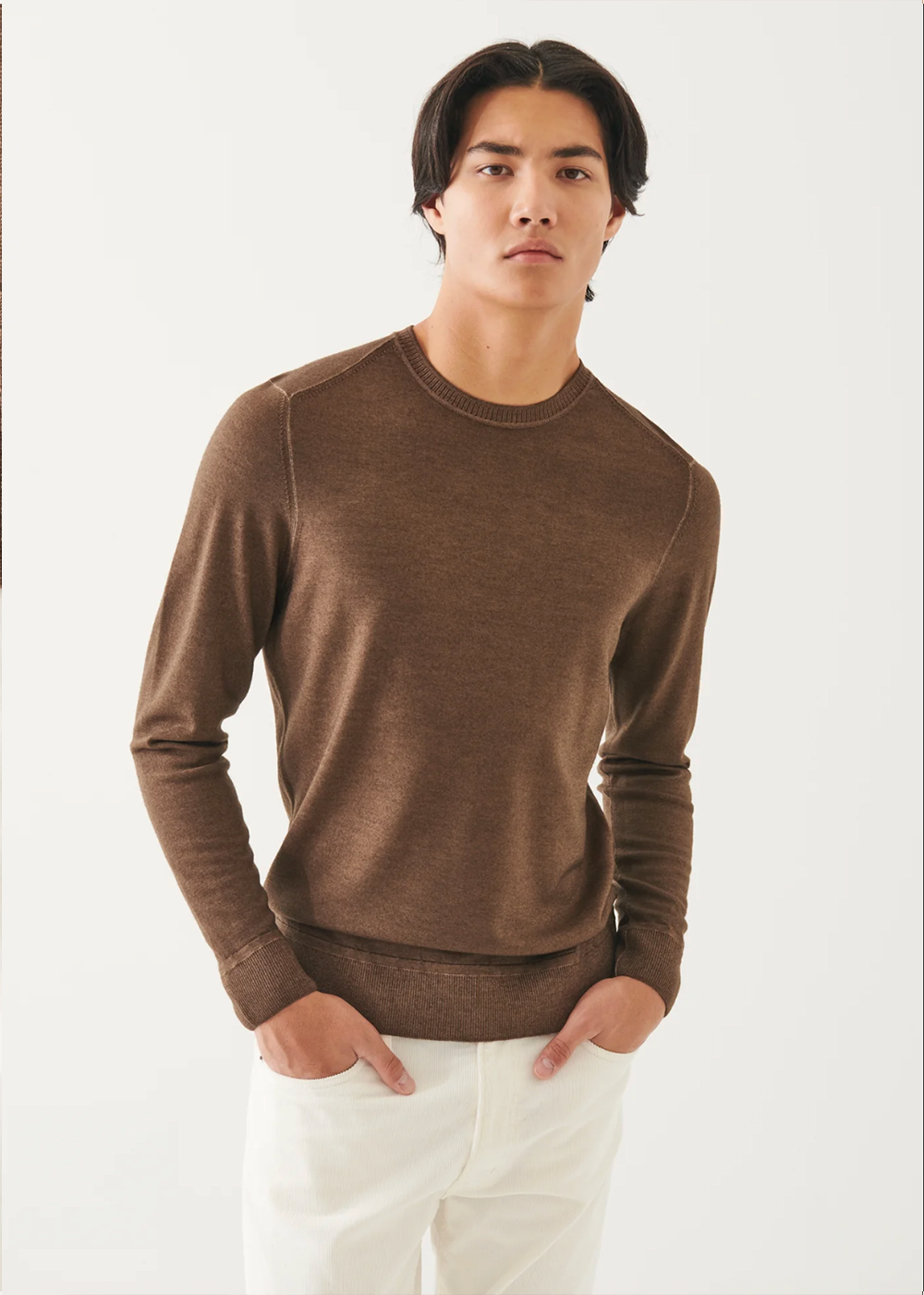 Extra-Fine Merino Vintage Wash Ribbed Hem Crewneck - Nougat Melange - Patrick Assaraf Canada - Danali