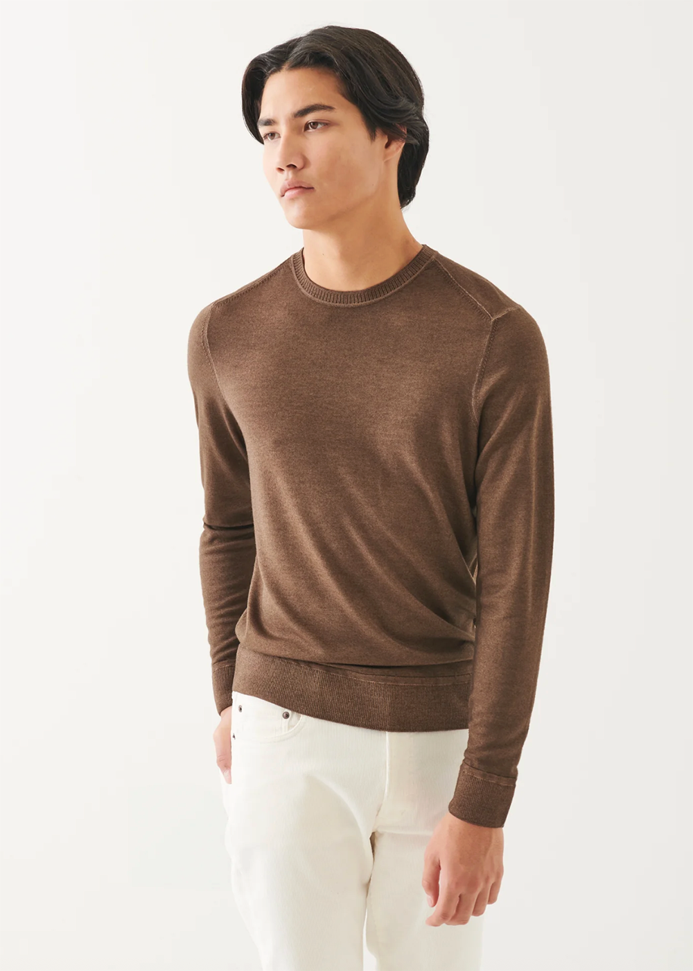 Extra-Fine Merino Vintage Wash Ribbed Hem Crewneck - Nougat Melange - Patrick Assaraf Canada - Danali