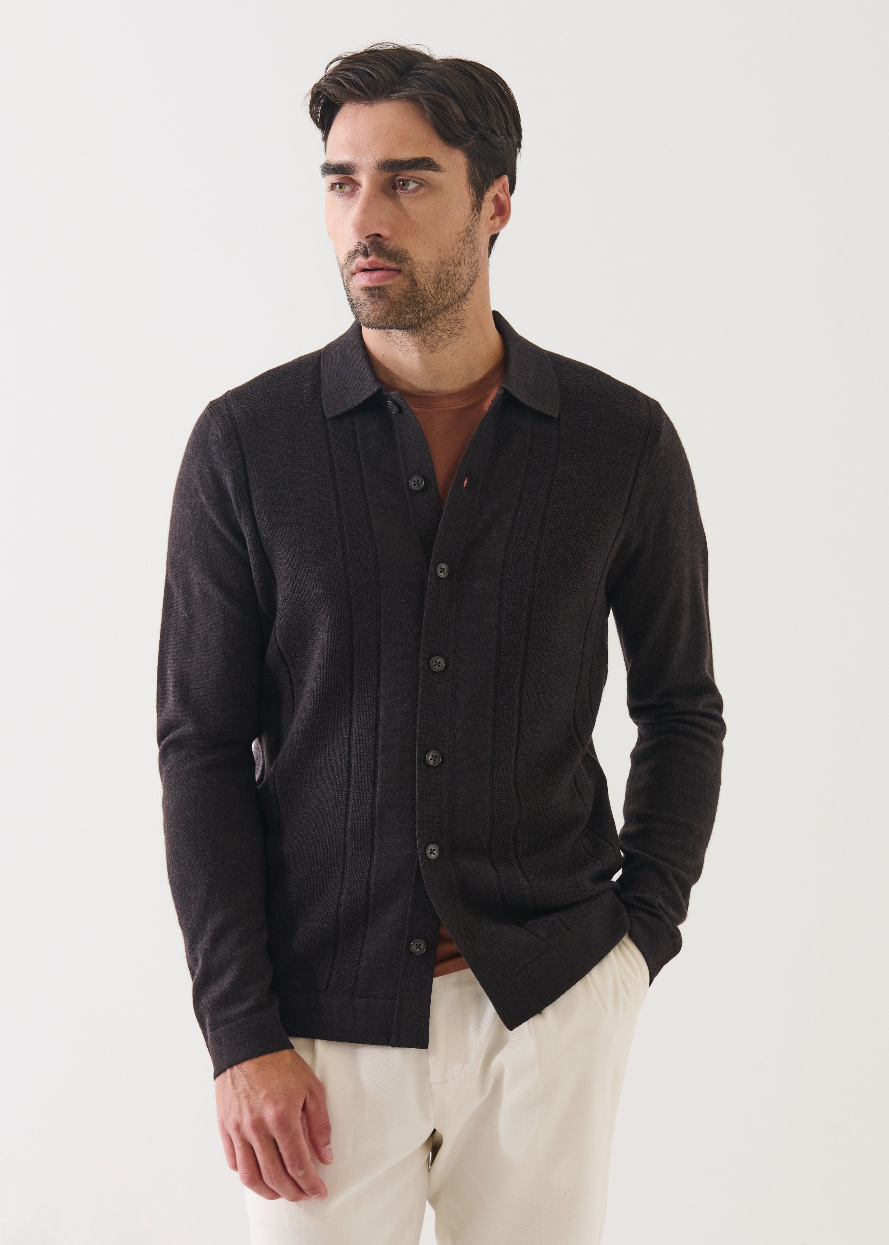 Extra Fine Merino Textured Drop Needle Button Shirt - Brownie - Patrick Assaraf Canada - Danali