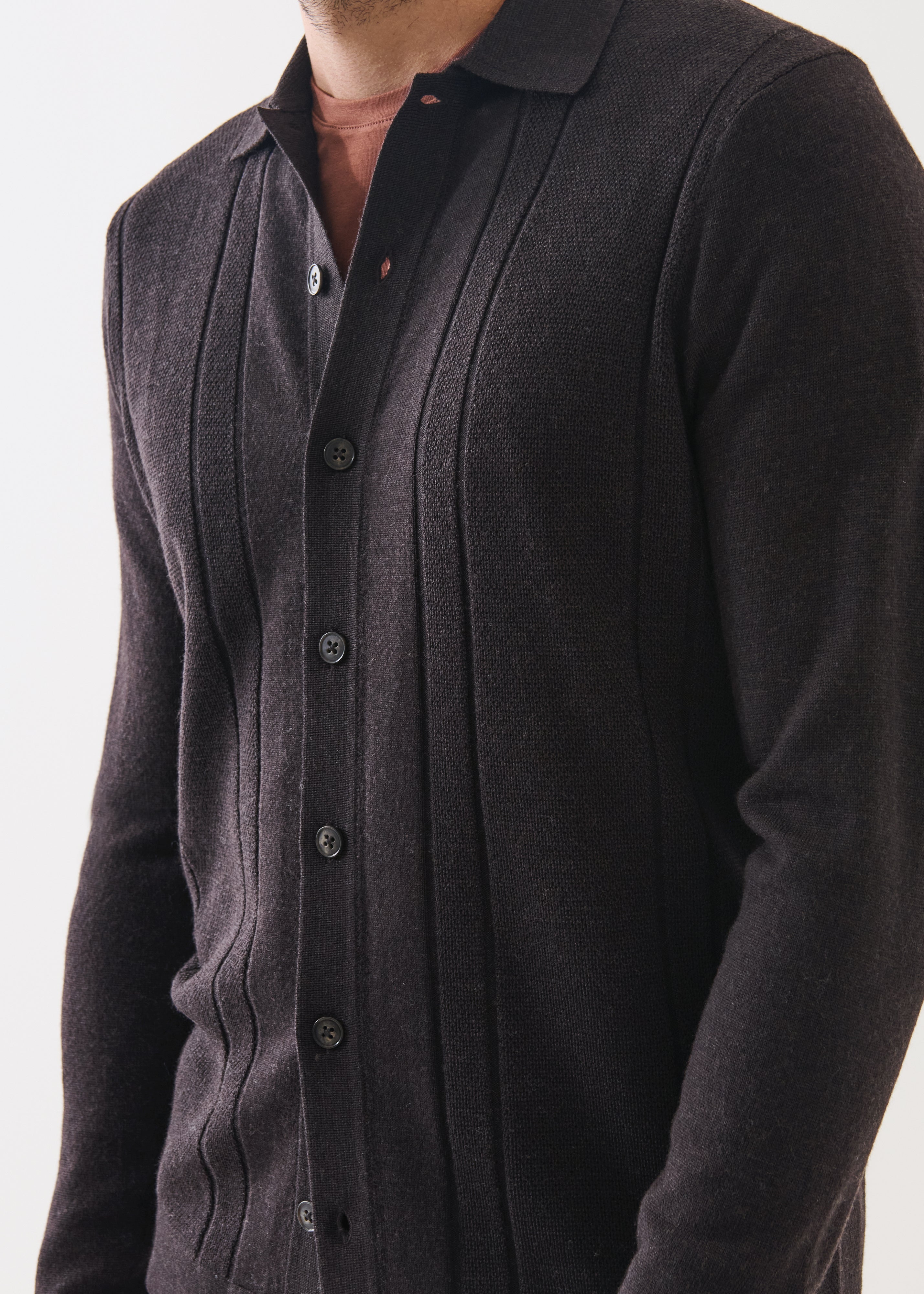 Extra Fine Merino Textured Drop Needle Button Shirt - Brownie - Patrick Assaraf Canada - Danali