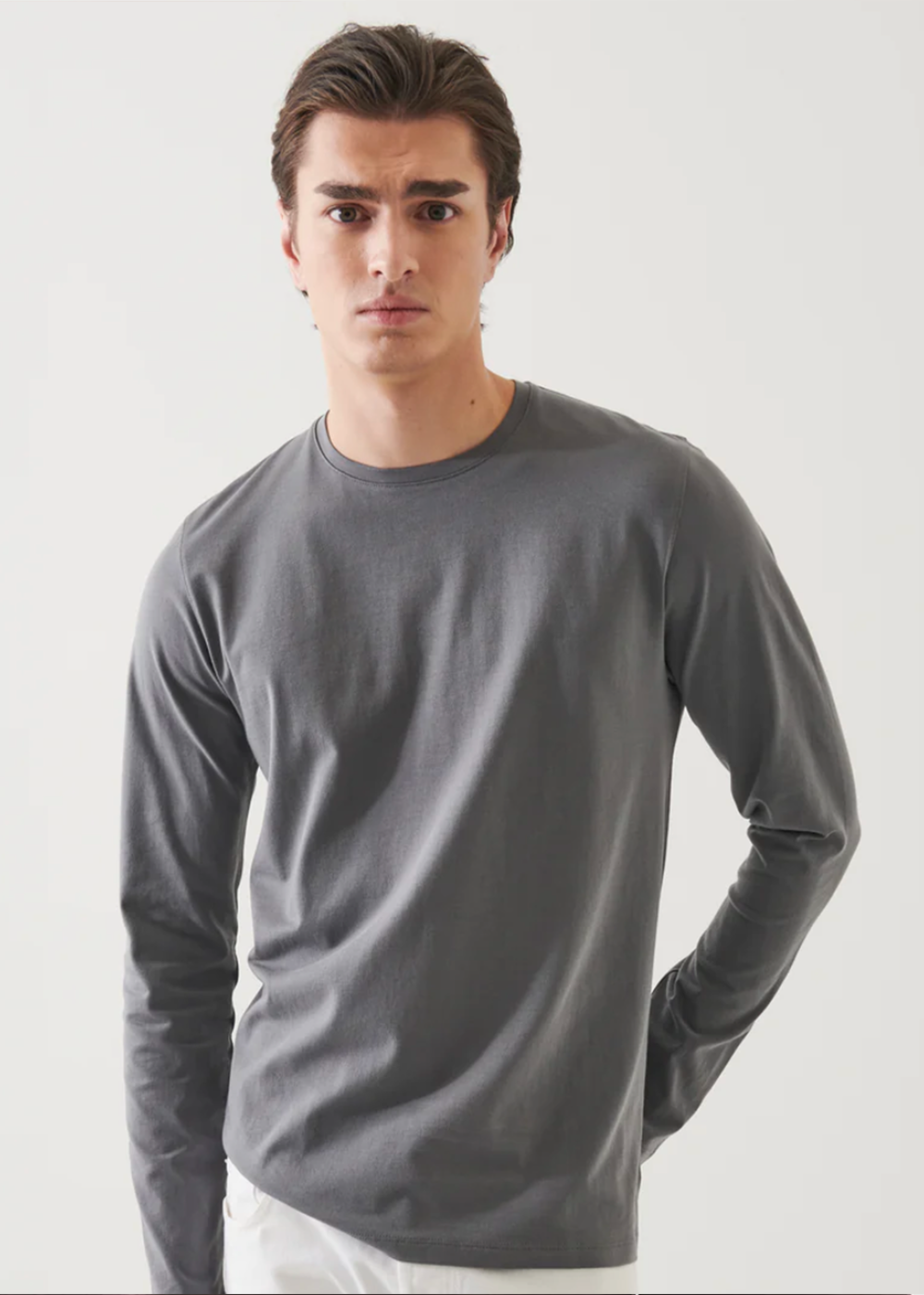 Iconic Pima Stretch Long Sleeve T-Shirt - Middle Grey - Patrick Assaraf Canada - Danali