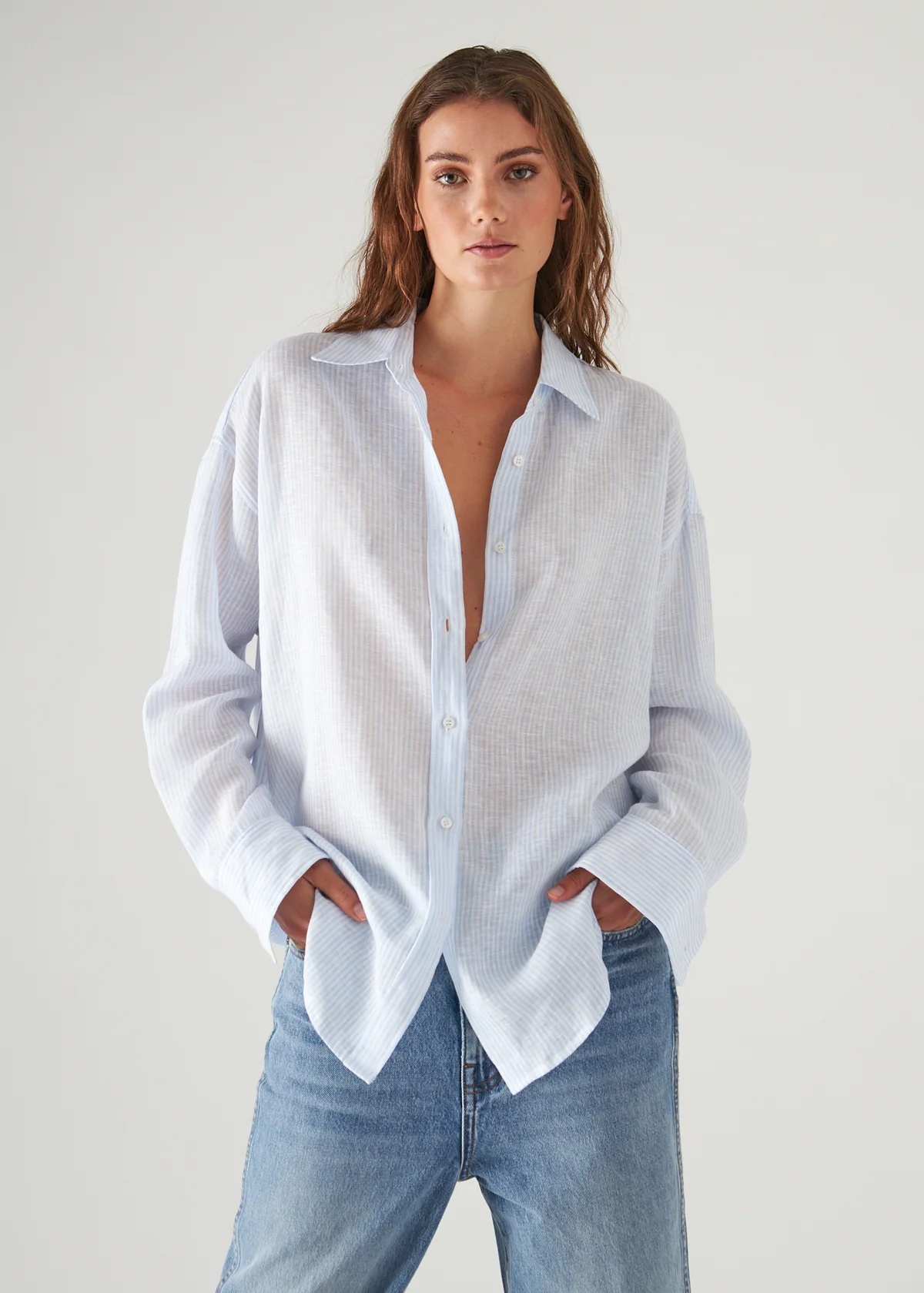 Linen Long Sleeve Striped Boyfriend Shirt - Blue Mist - Patrick Assaraf Canada - Danali