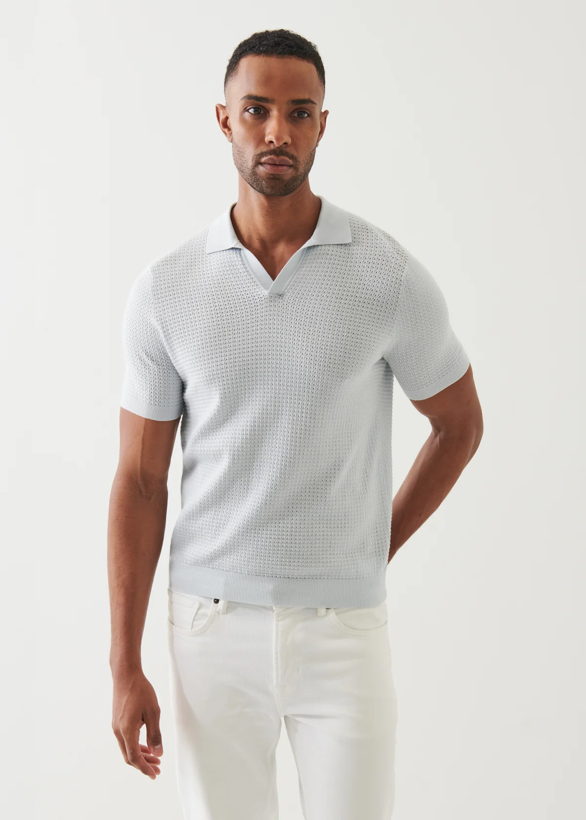 Short Sleeve Johnny Collar Polo Sweater - Pale Blue - Patrick Assaraf Canada - Danali