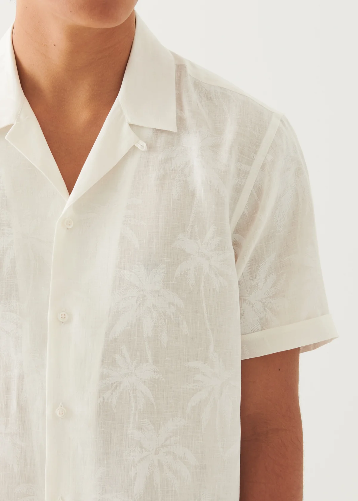Tonal Tropical Linen Camp Collar Short Sleeve Shirt - White - Patrick Assaraf Canada - Danali