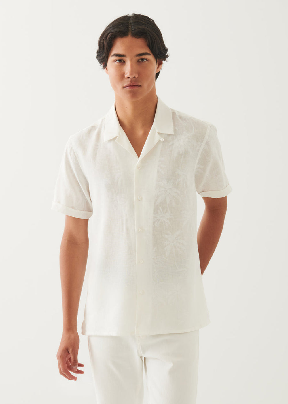 Tonal Tropical Linen Camp Collar Short Sleeve Shirt - White - Patrick Assaraf Canada - Danali