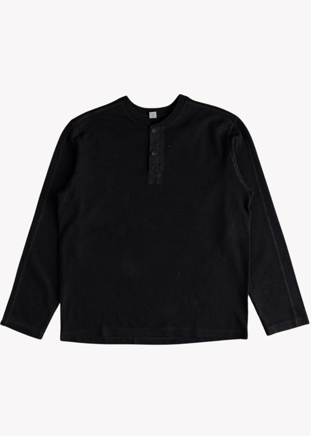 A black long-sleeve henley shirt with a three-button placket, laid flat against a light gray background.