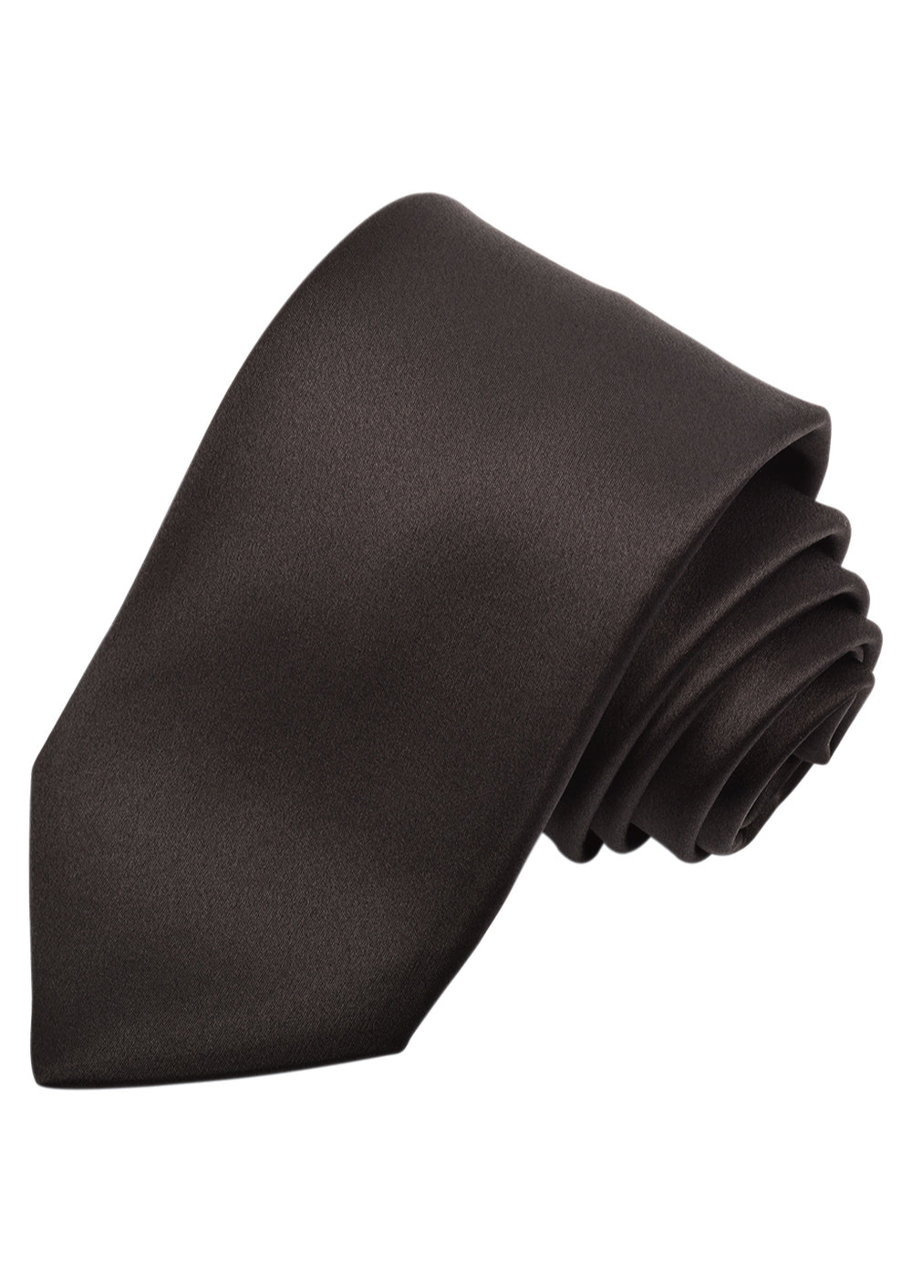 A dark brown silk necktie, neatly folded and rolled, shown against a plain white background.