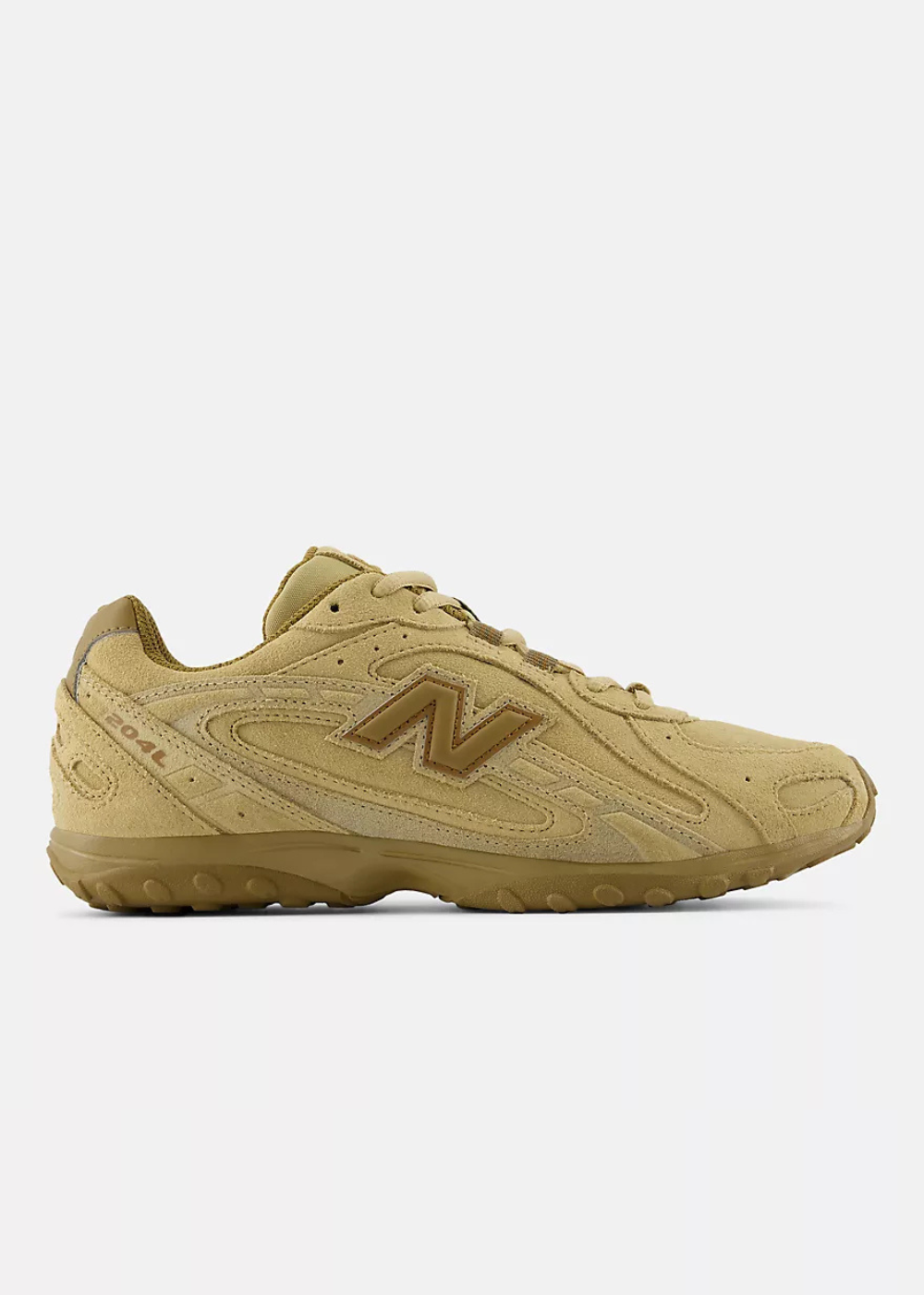 A single New Balance sneaker in a monochromatic tan and brown colorway, shown from the side against a light gray background.