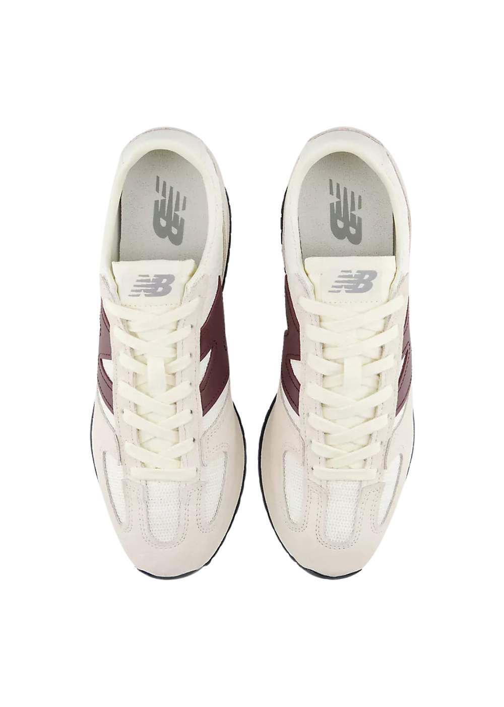 A pair of New Balance sneakers shown from a top-down view. The sneakers are primarily off-white with burgundy side stripes and white laces, set against a plain white background.