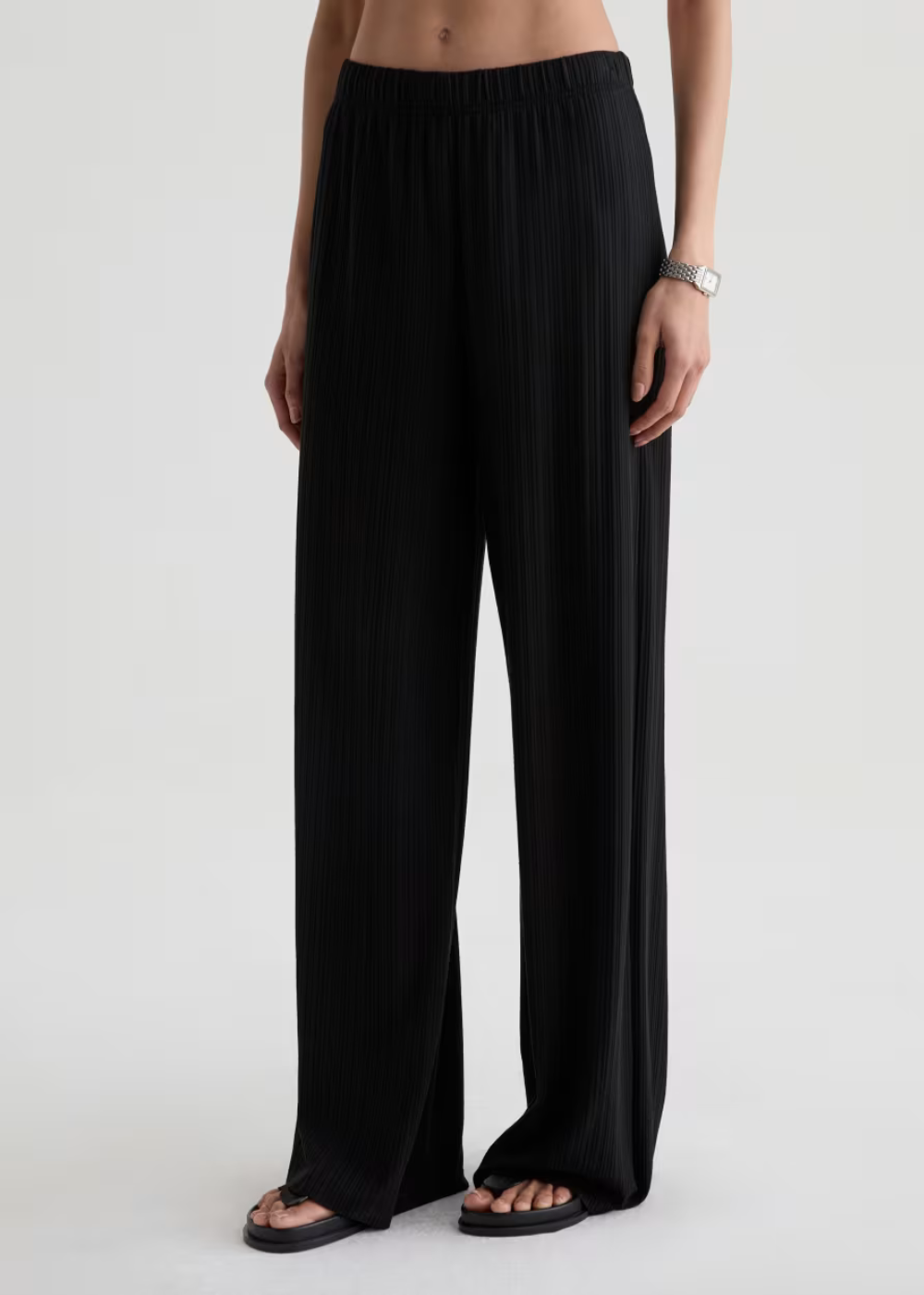 A model wearing black wide-leg pleated trousers and black sandals, shown from the waist down against a light gray studio background.
