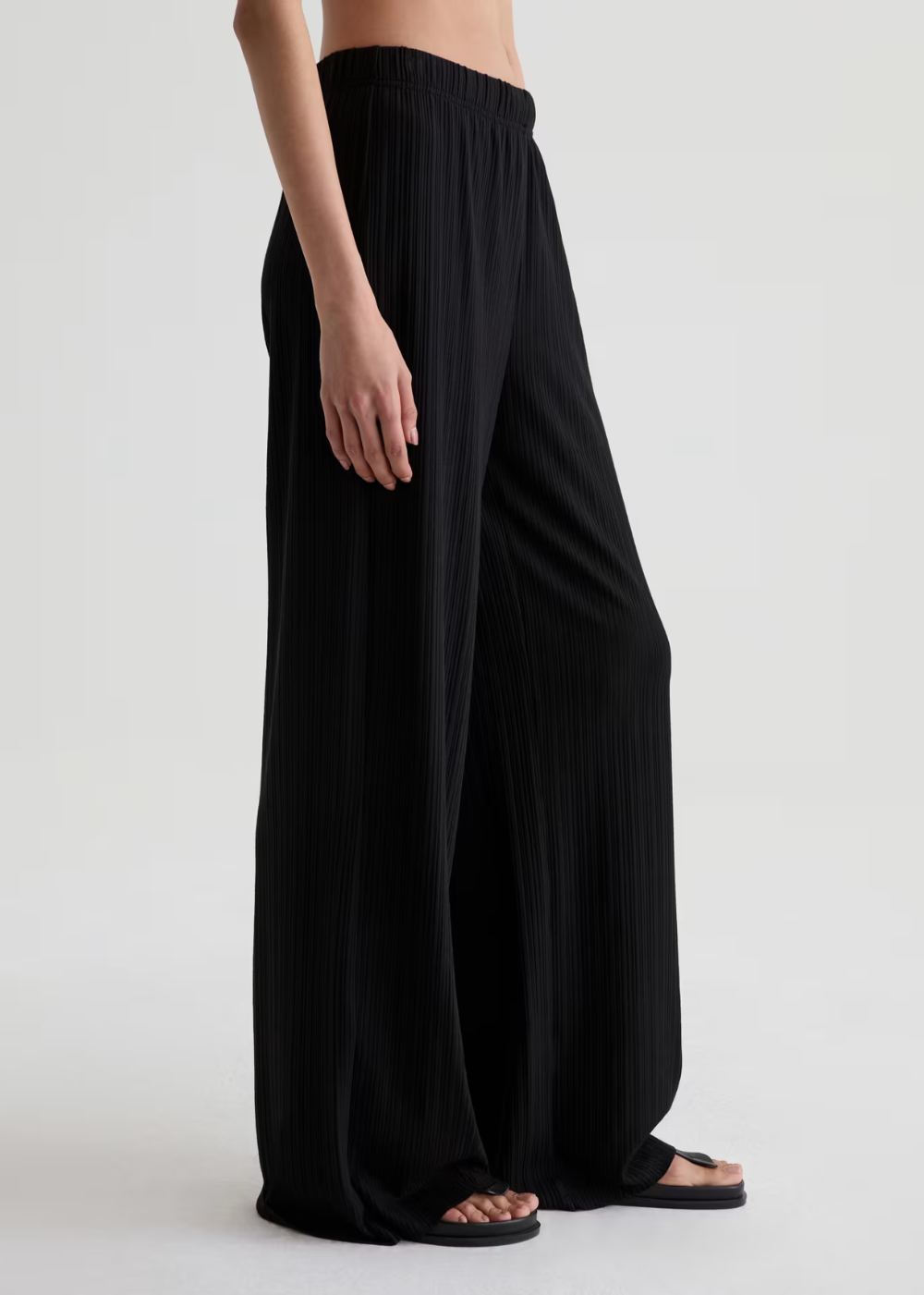 Black wide-leg pleated pants shown on a model from the waist down, paired with black slide sandals against a plain light gray studio background.