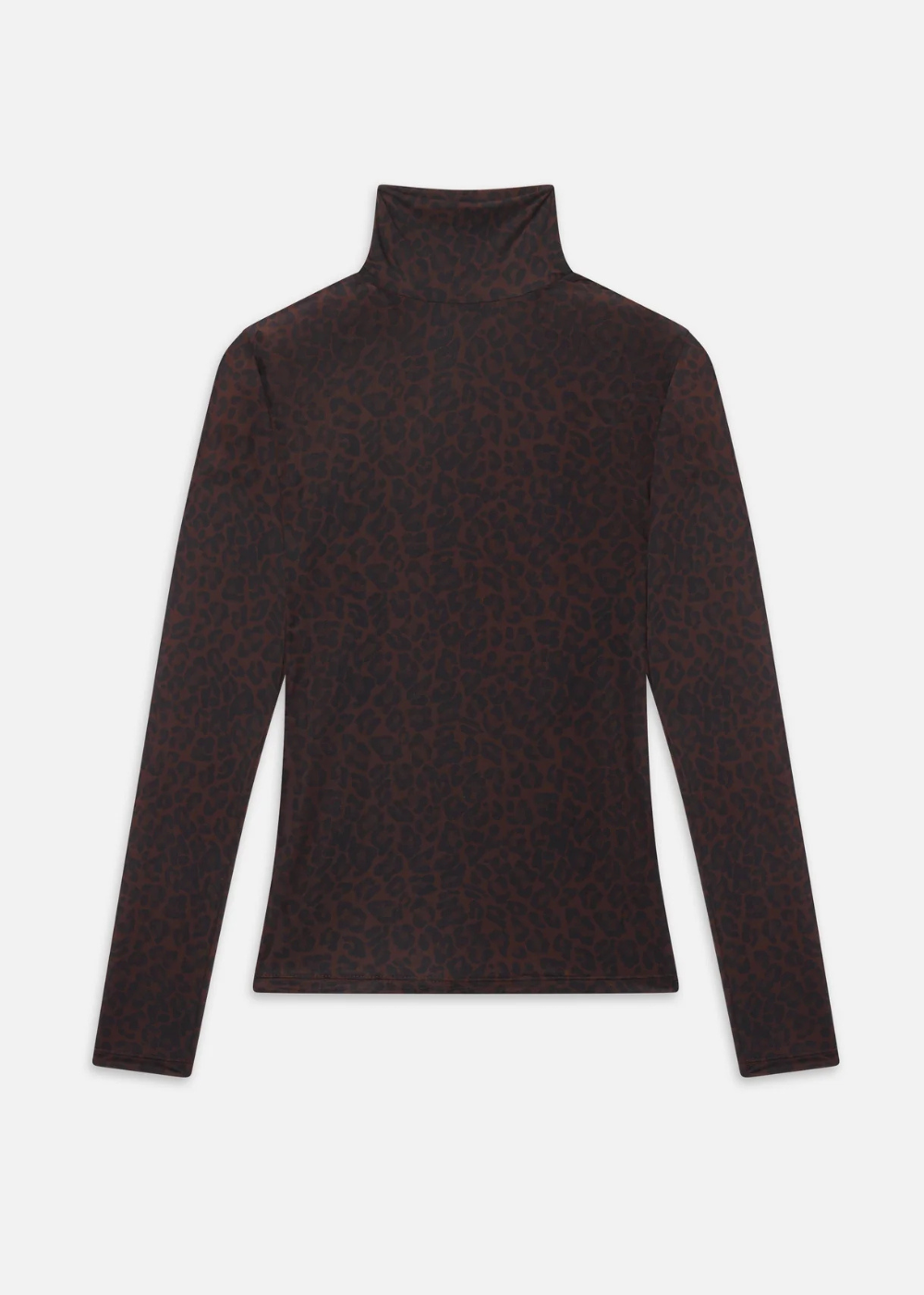 A dark brown long-sleeve turtleneck sweater with a subtle tonal abstract pattern, displayed against a light gray background.