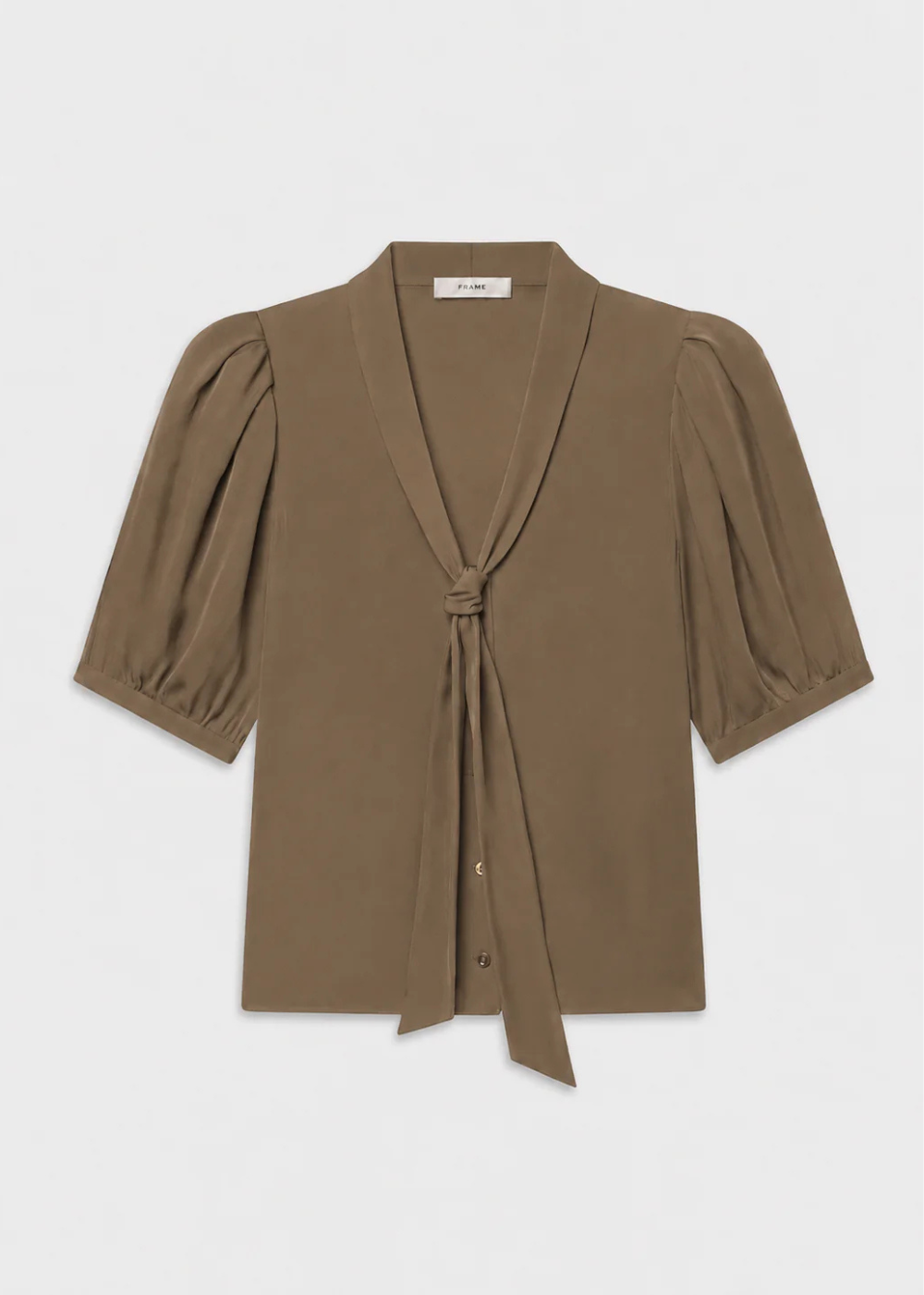 A taupe brown short-sleeve blouse with a wrap-style V-neck and front tie detail, shown flat against a light gray background.