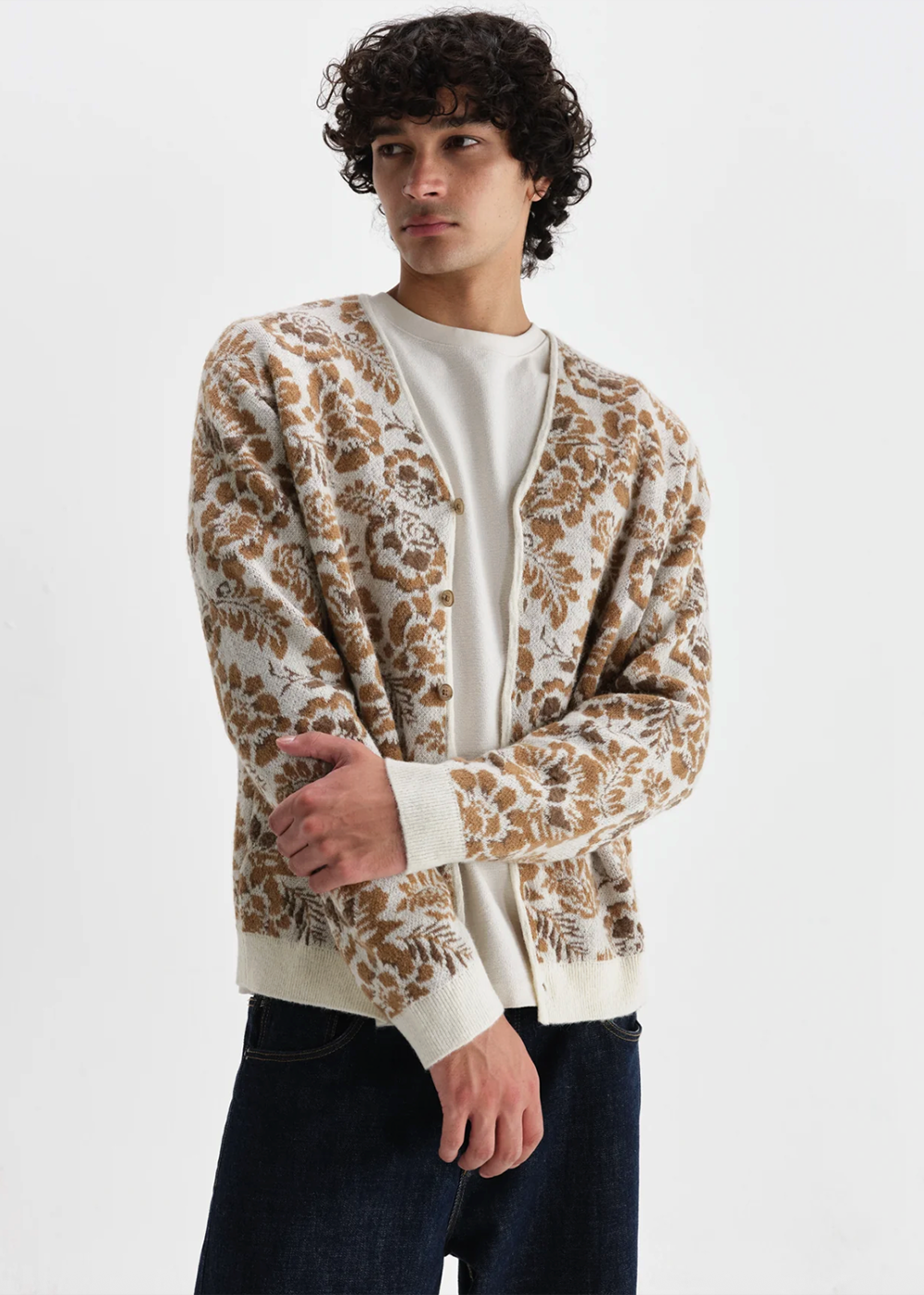 Alban Cardigan Floral Jacquard - Natural/Brown - Wax London Canada - Danali