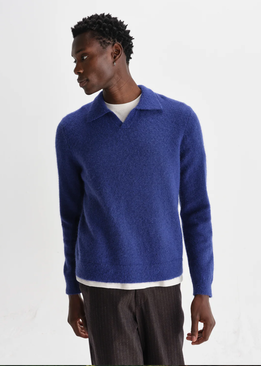 Carter Fluffy Wool Open Collar Polo - Blue - Wax London Canada - Danali