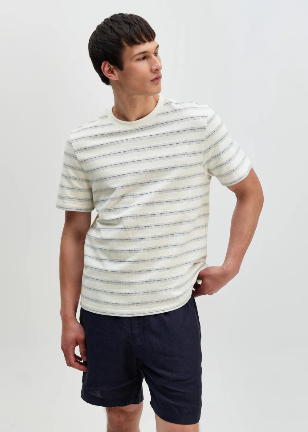 Dean SS Tee Stitch Stripe - Ecru/Blue - Wax London Canada - Danali