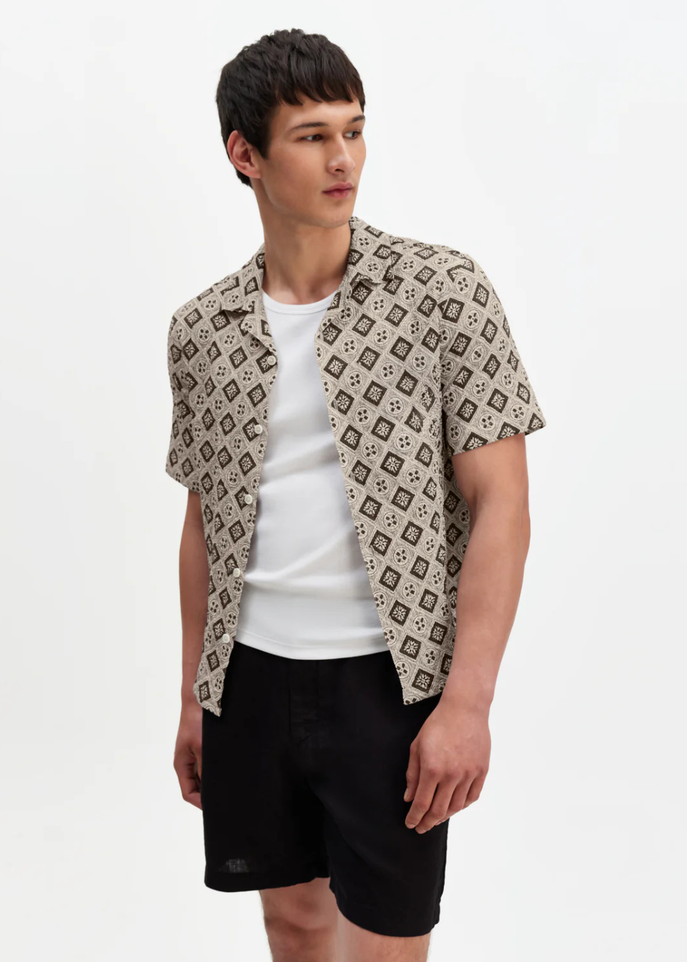 Didcot SS Shirt Cotton Tile Print - Ecru/Black - Wax London Canada - Danali