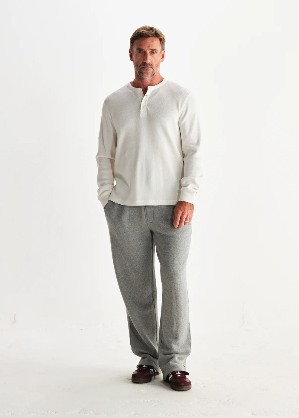 Henley Long Sleeve Waffle T-Shirt - Ecru - Wax London Canada - Danali