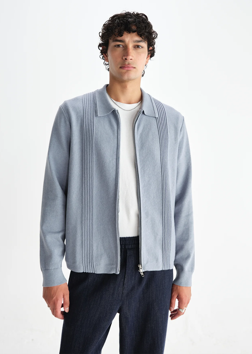 Lennox Milano Ripple Stripe Zip Polo - Grey Blue - Wax London Canada - Danali