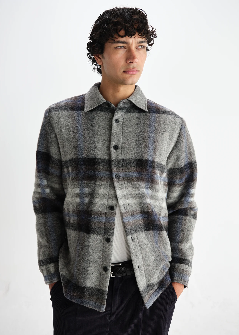 Nolan Overshirt Wool Check - Grey/Blue - Wax London Canada - Danali