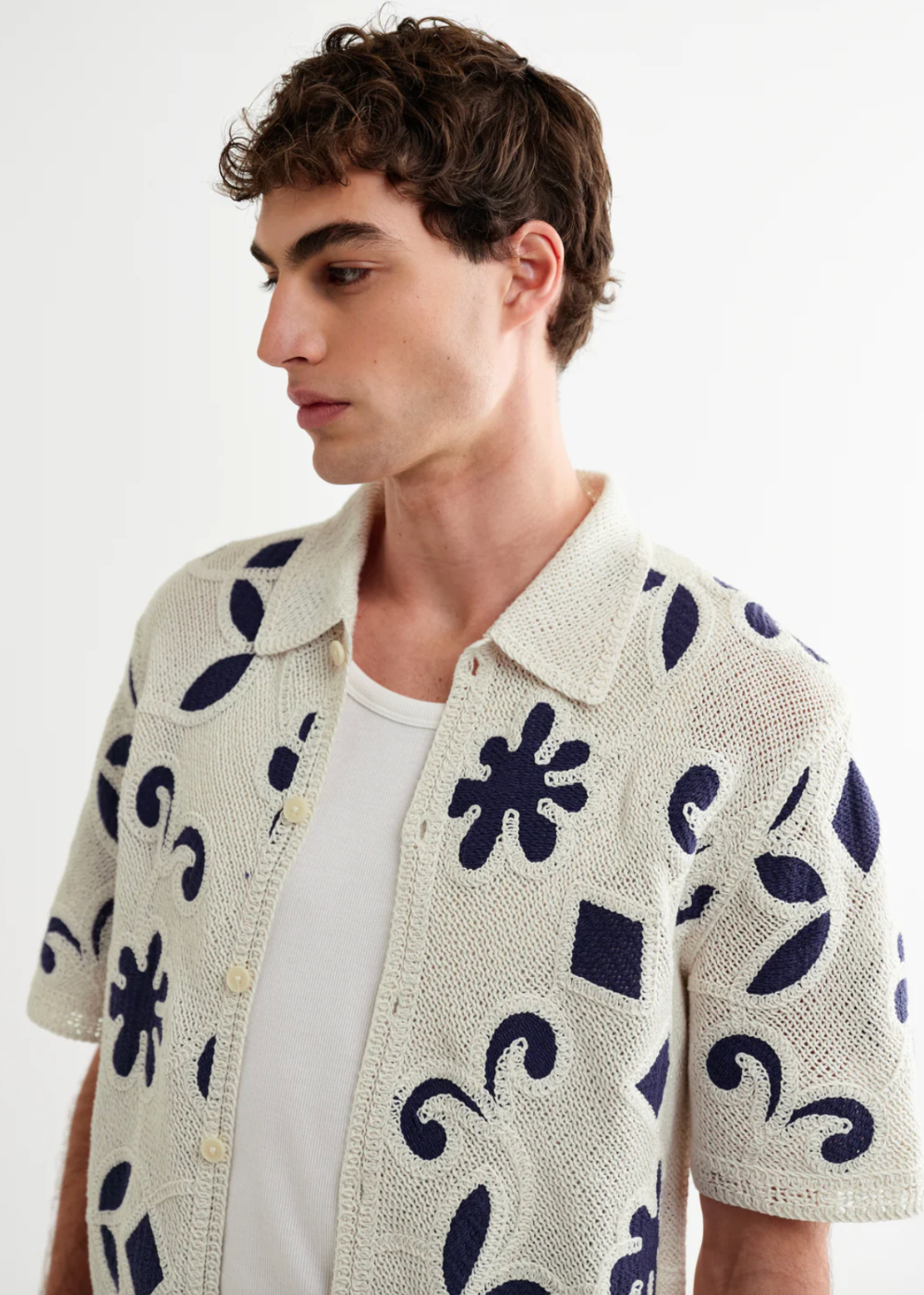 Porto SS Shirt Doodle Crochet - Ecru/Dark Blue - Wax London Canada - Danali