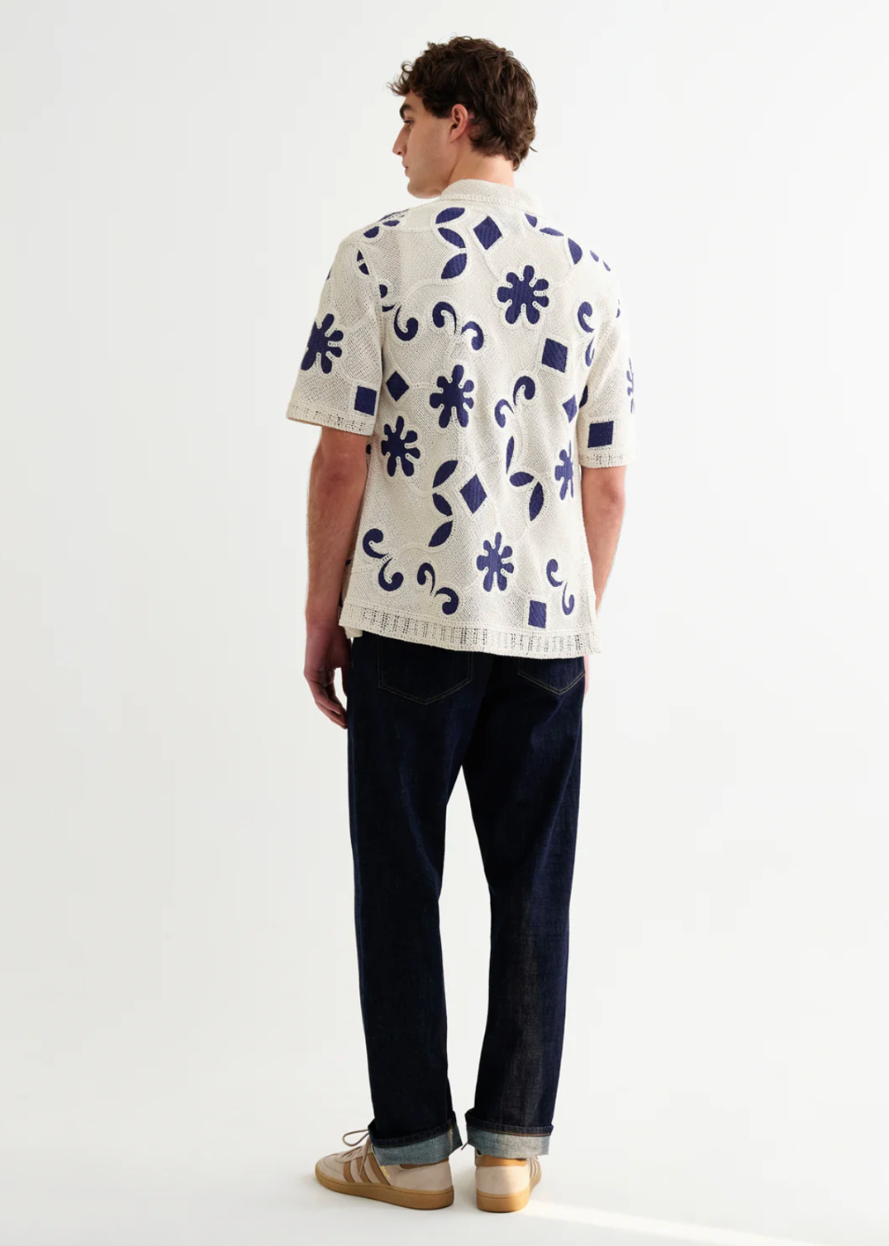 Porto SS Shirt Doodle Crochet - Ecru/Dark Blue - Wax London Canada - Danali