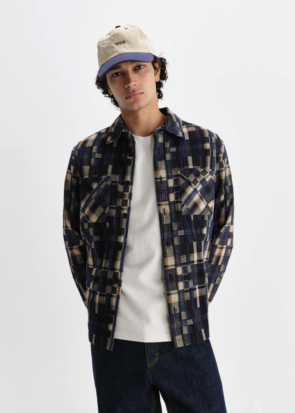 Whiting Overshirt Glitch Check - Natural/Navy - Wax London Canada - Danali